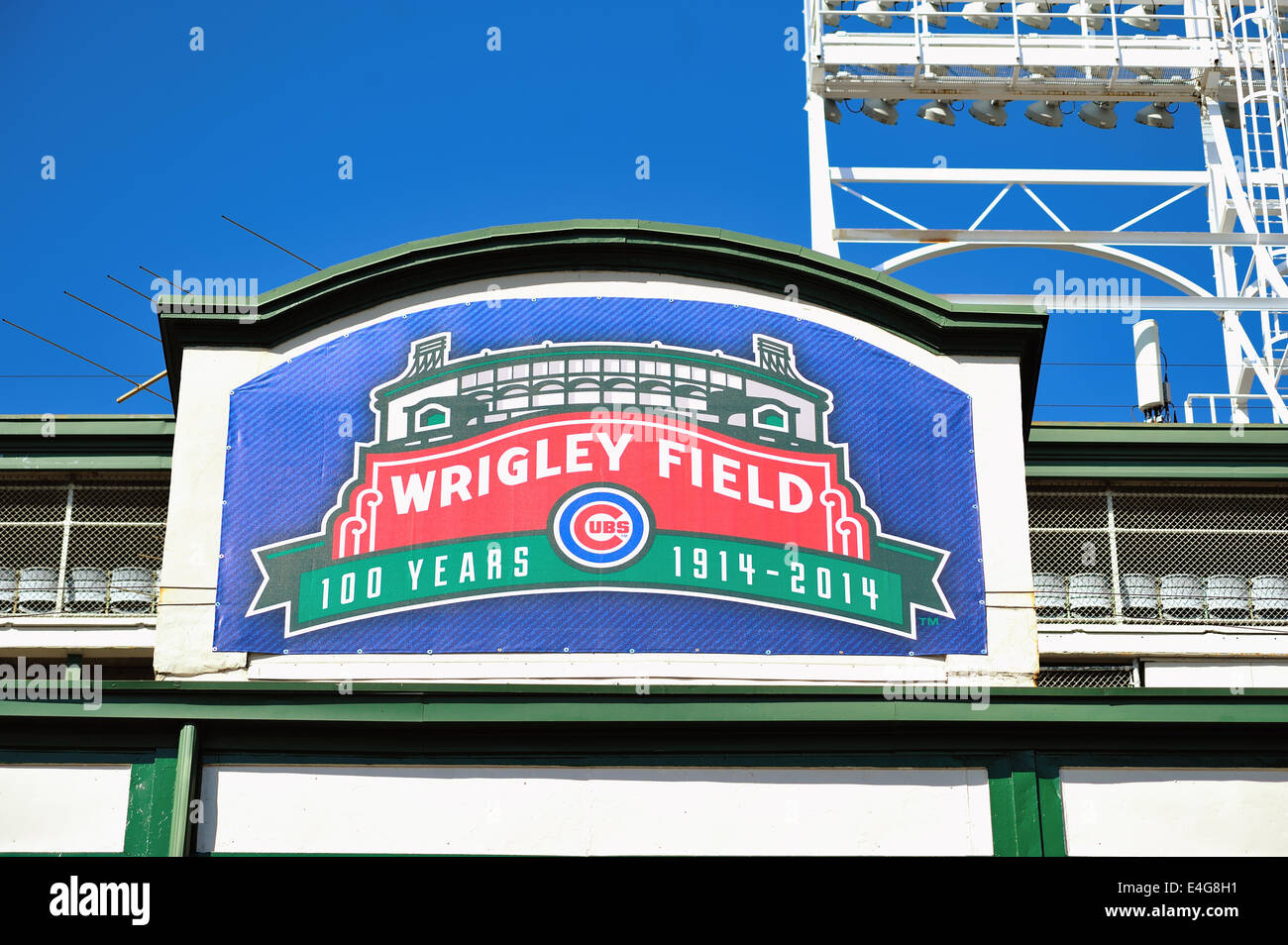 USA Illinois Chicago Wrigley Field sign commemorates 100th anniversary first opened to baseball on April 23, 1914. Stock Photo