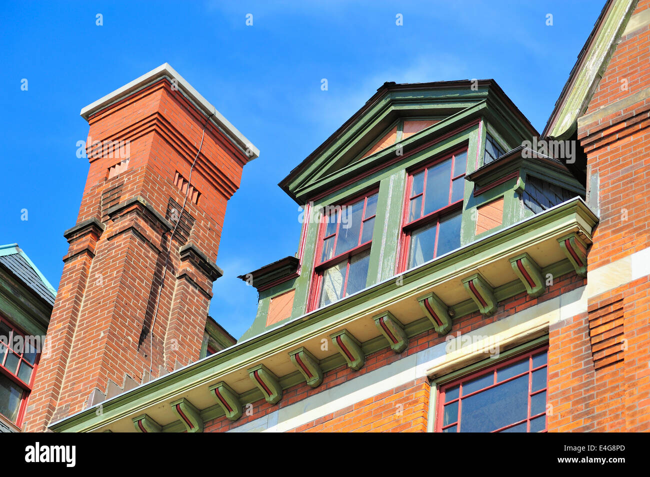 USA Illinois Chicago Hotel Florence Gable chimney and window detail  former hotel located in the Pullman Historic District. Stock Photo