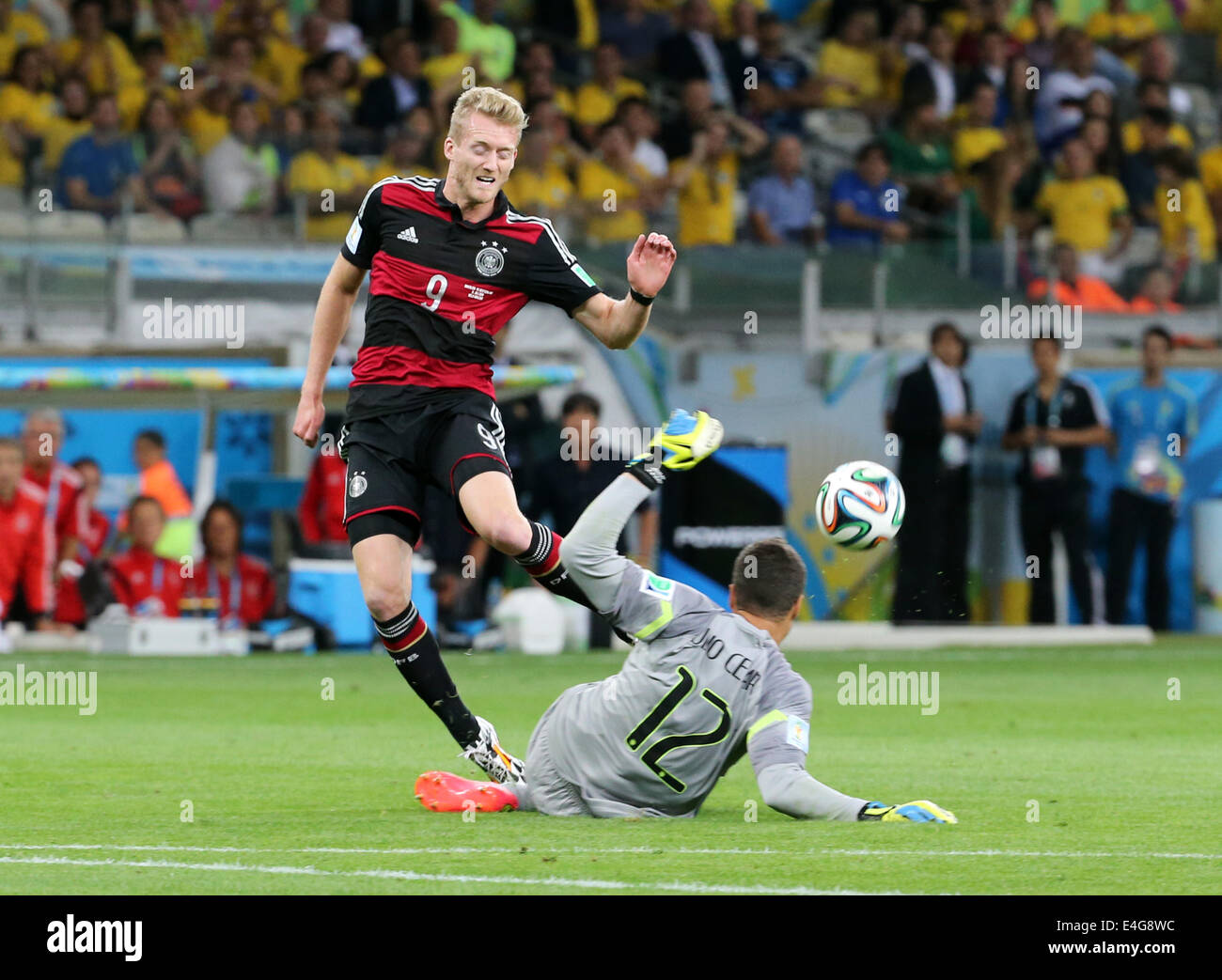 08.07.2014. Estadio Mineirao, Belo Horizonte, Brazil. FIFA World Cup 2014 semi-final soccer match between Brazil and Germany at Estadio Mineirao. Julio Cesar is beaten by the shot from Schuerrle Stock Photo