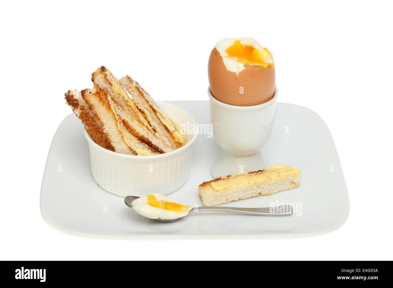 Soft boiled egg and toast soldiers on a plate isolated against white Stock Photo