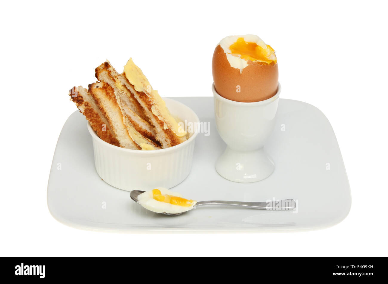 Soft boiled egg and toast soldiers on a plate isolated against white Stock Photo