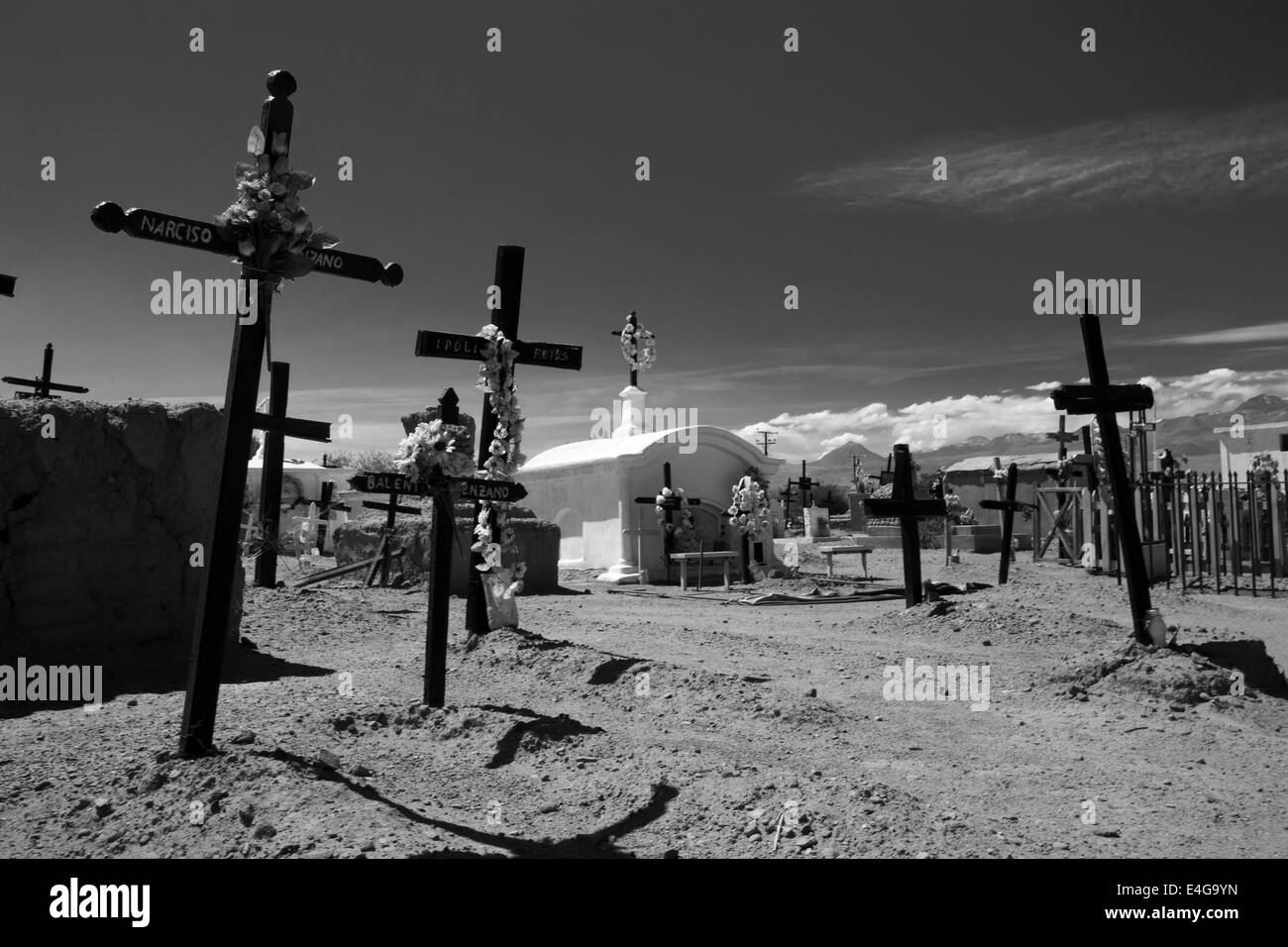 Cementary Atacama desert, San Pedro de Atacama, North of Chile, Black and white Stock Photo
