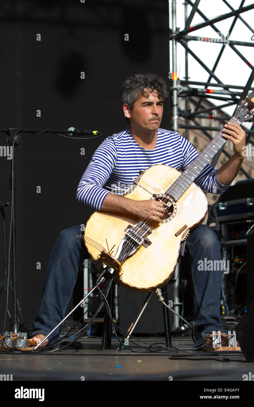Italian guitarist Paolo Angeli playing a modified guitar on Torino Jazz Festival main stage. Stock Photo