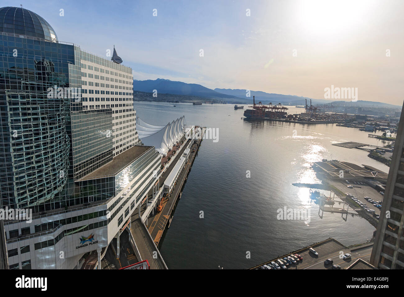 View of Burrard Inlet and the Vancouver waterfront with the Pan Pacific Hotel, convention Centre and World Trade Centre Stock Photo
