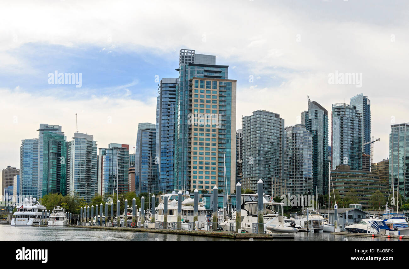 City skyline of Vancouver, British Columbia, Canada, as seen from the water. Stock Photo