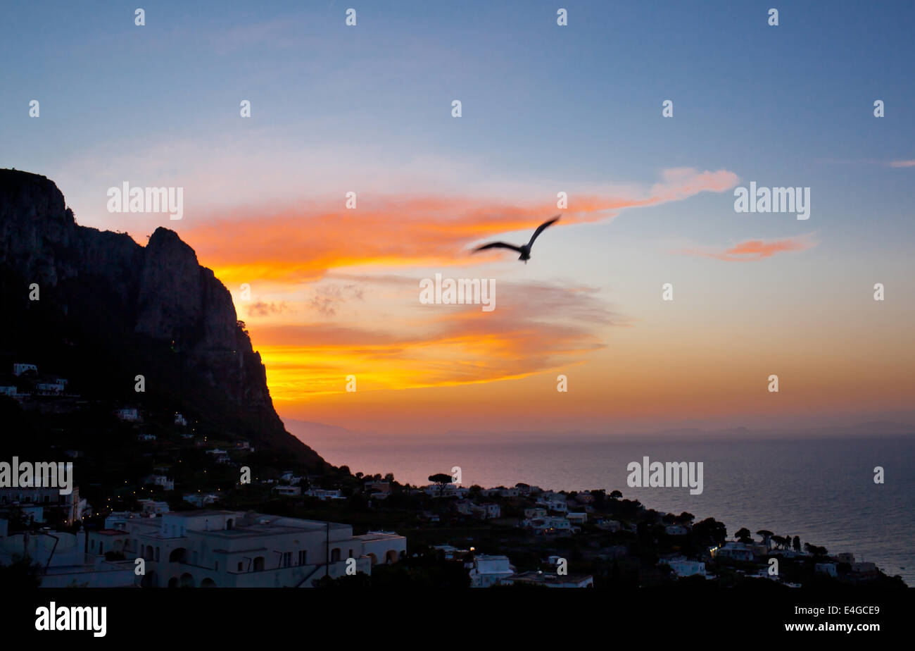 Sunset on Capri Island with typical village. Stock Photo