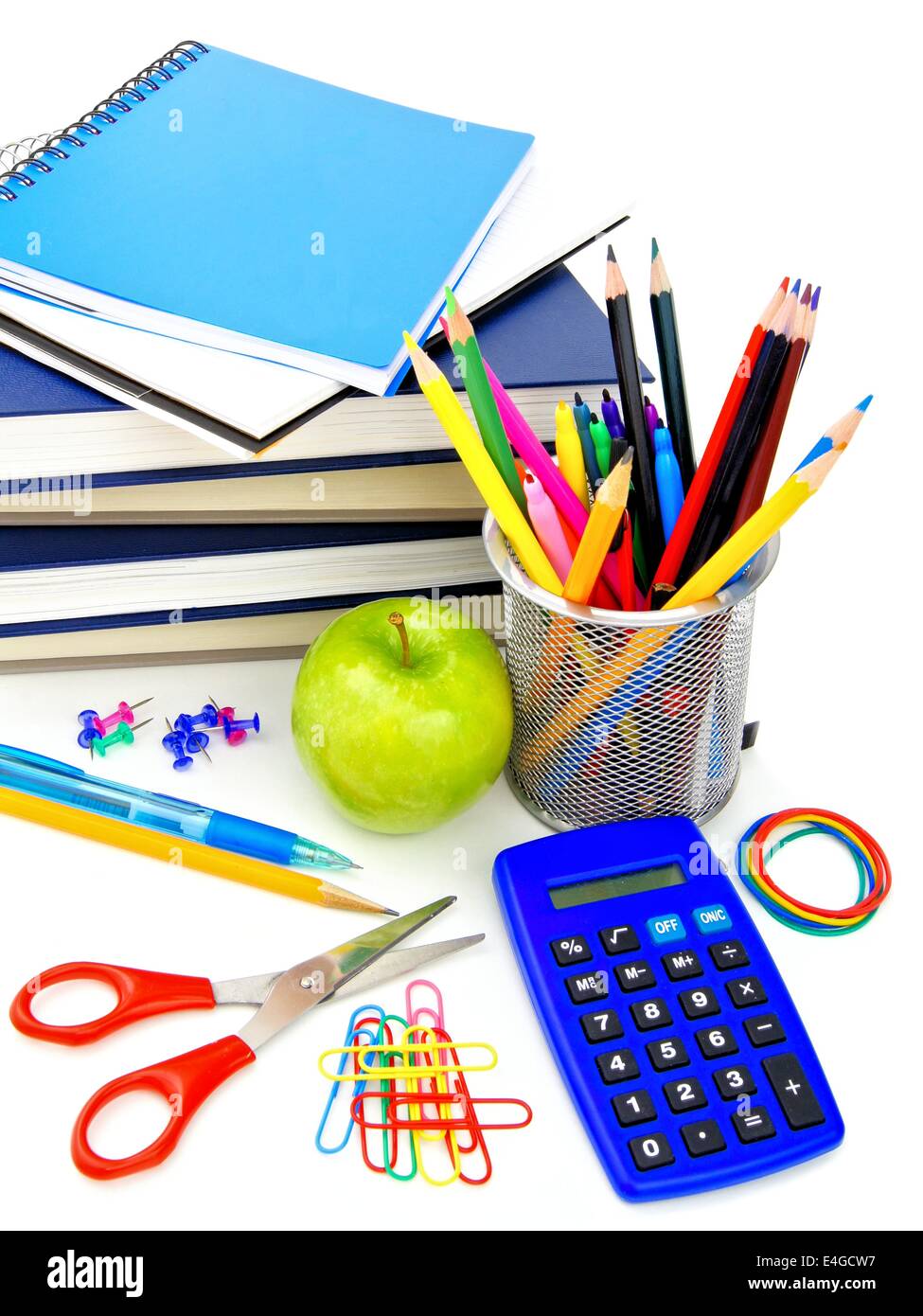 Group of various school supplies and items over a white background Stock Photo