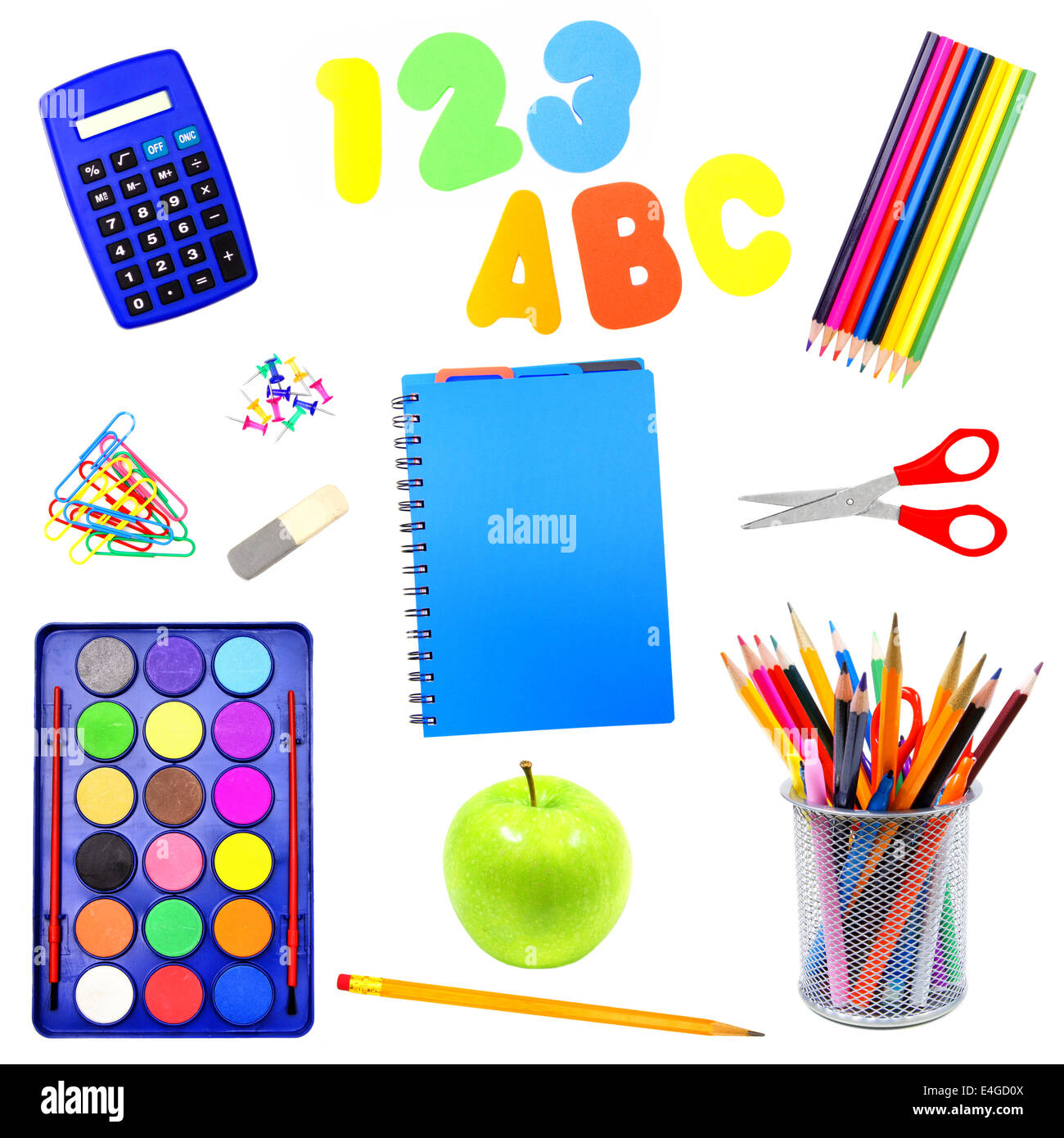 Assortment of school supplies individually isolated over white Stock