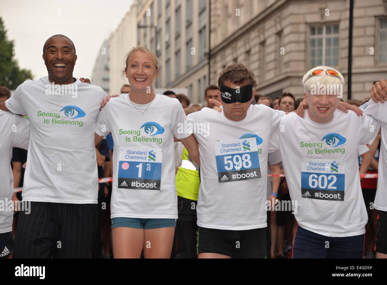 London, UK. 10th July, 2014. Paula Radcliffe, Colin Jackson, Noel Thatcher, Mike Bushell, Alan Kennedy, John Aldridge, Phil Neal join the Standard Chartered Great City Race 2014 in London. Credit:  See Li/Alamy Live News Stock Photo