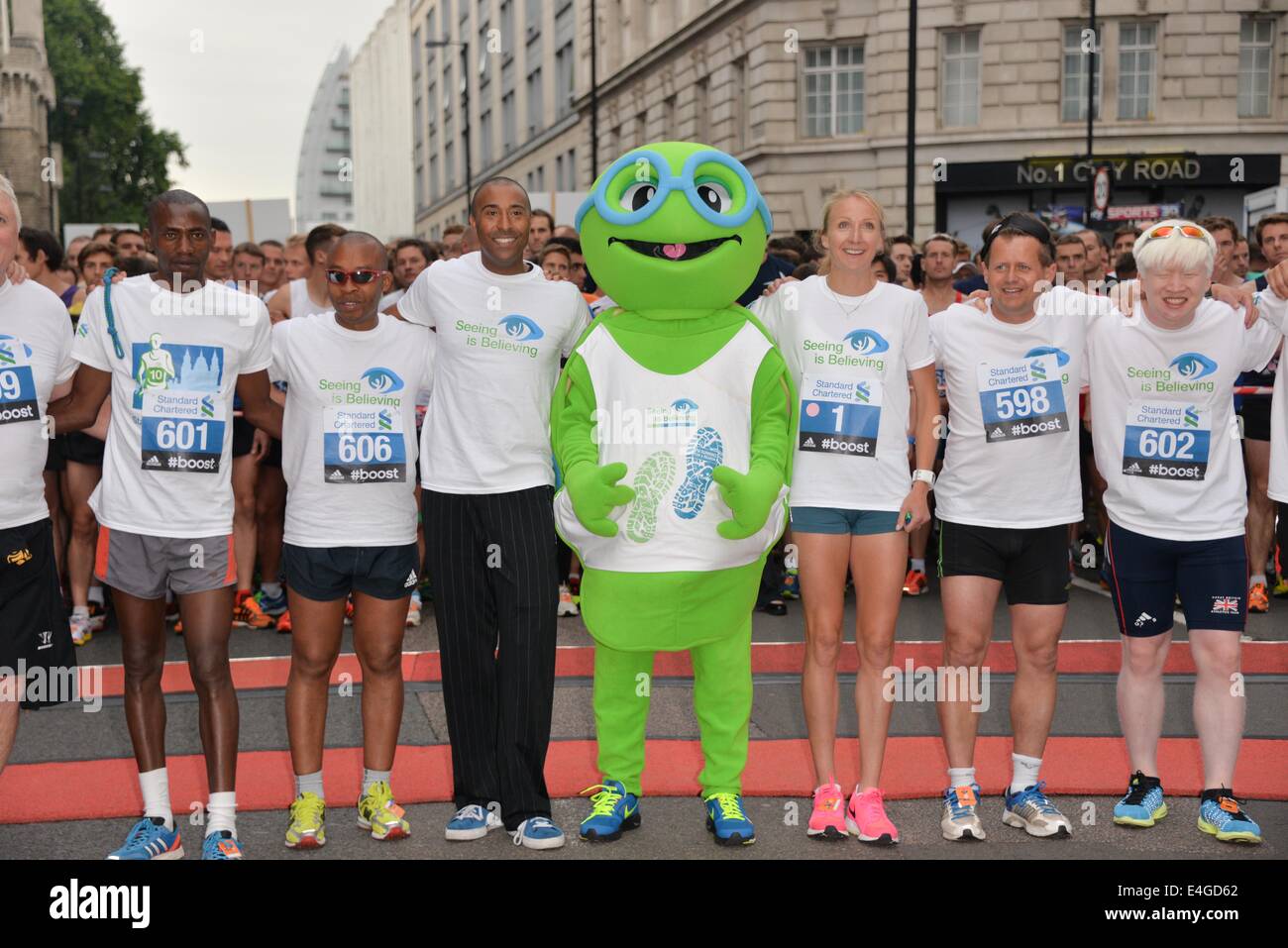 London, UK. 10th July, 2014. Paula Radcliffe, Colin Jackson, Noel Thatcher, Mike Bushell, Alan Kennedy, John Aldridge, Phil Neal join the Standard Chartered Great City Race 2014 in London. Credit:  See Li/Alamy Live News Stock Photo