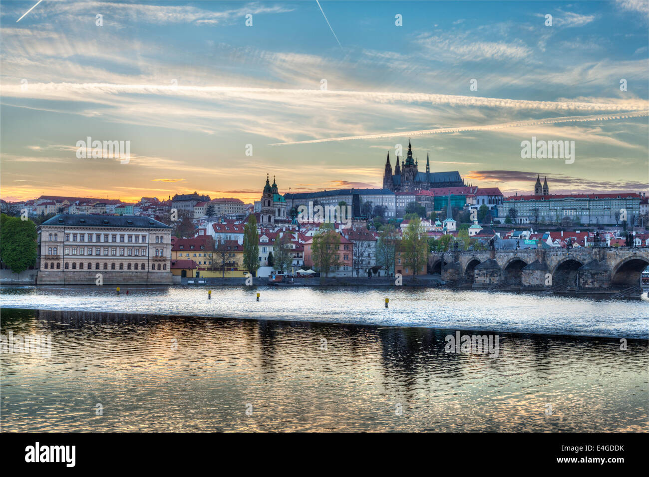HDR image of view of Charles bridge over Vltava river and Gradchany (Prague Castle) and St. Vitus Cathedral Stock Photo