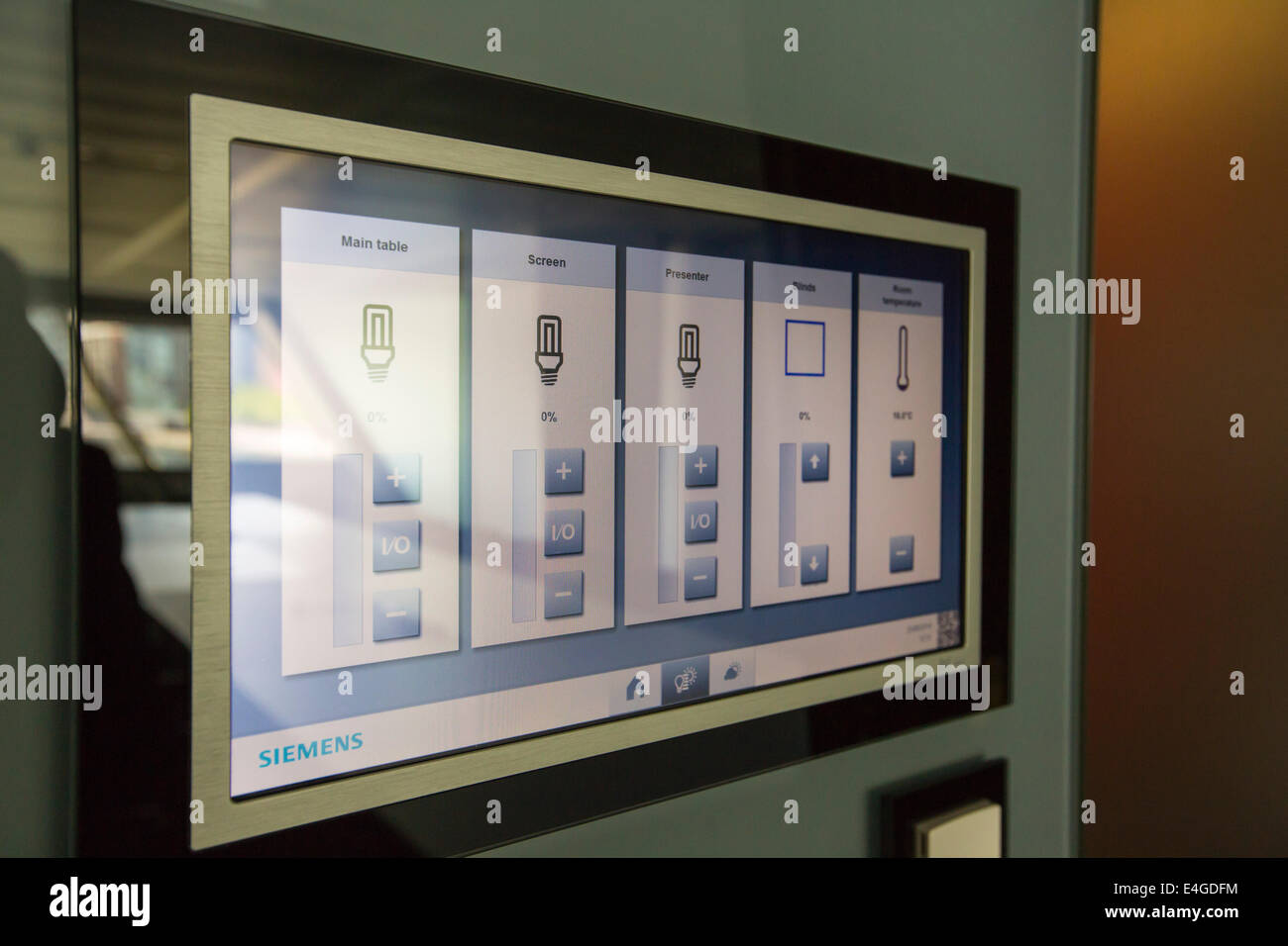 A room control panel in the Crystal building which is the first building in the world to be awarded an outstanding BREEAM (BRE Environmental Assessment Method) rating and a LEED (Leadership in Energy and Environmental Design) platinum rating. London, UK. Stock Photo