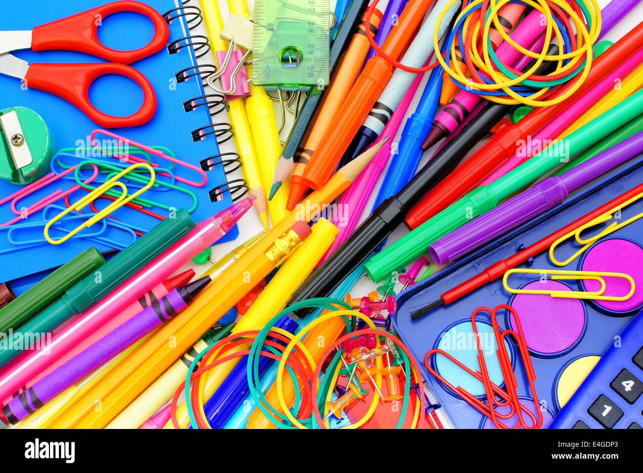 Full background of a colorful assortment of school supplies Stock Photo