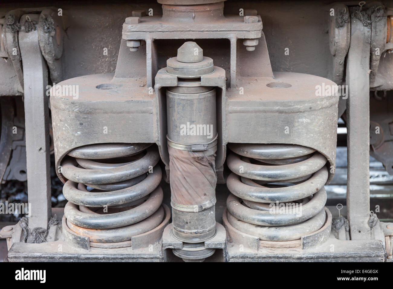closeup wheel break and suspension system of diesel train Stock Photo