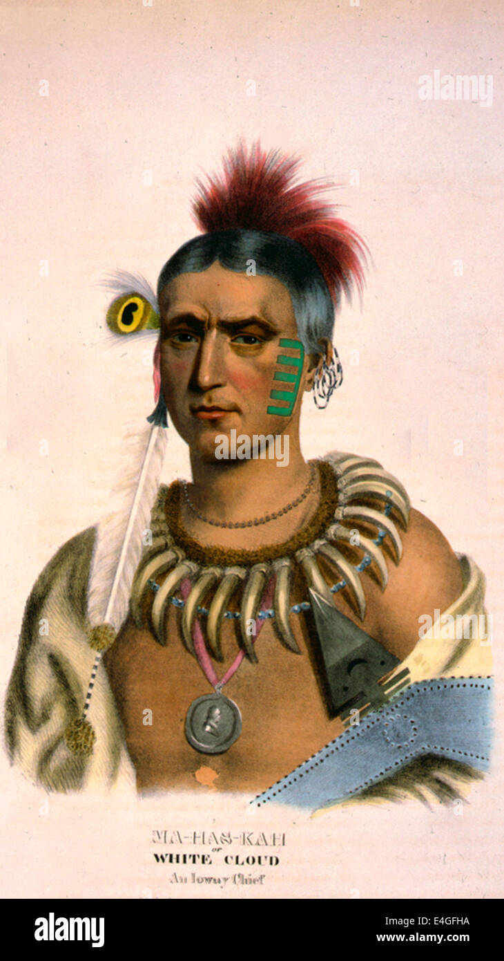 Ma-Has-Kah or White Cloud, an Ioway chief - Ma-Has-Kah, head-and-shoulders portrait, facing slightly left, wearing a claw necklace, a portrait medallion on his neck, earrings and feathers, circa 1837 Stock Photo