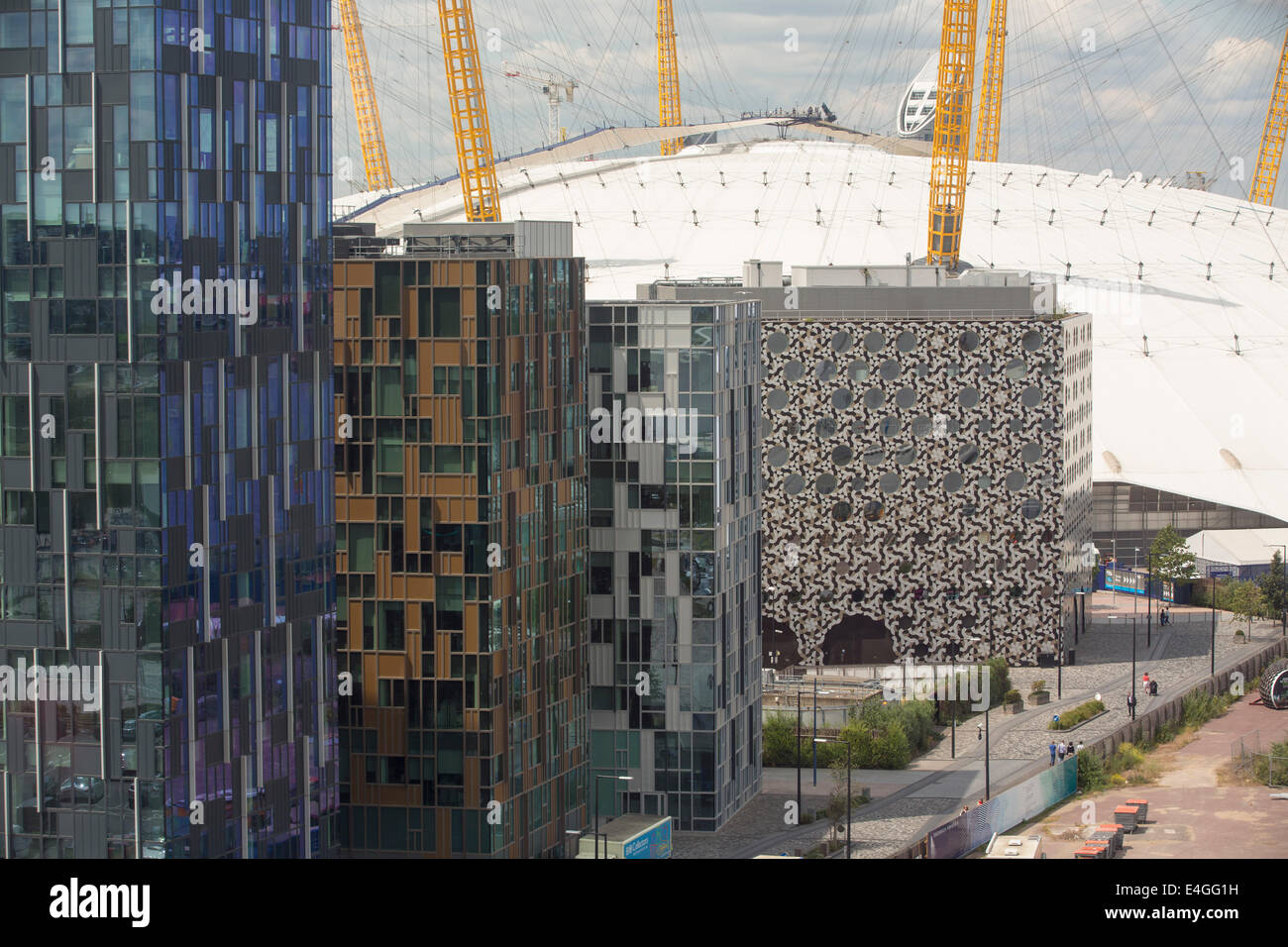 The O2 Arena and modern apartment blocks on the River Thames in london, UK, it was formally the Millenium Dome. Stock Photo