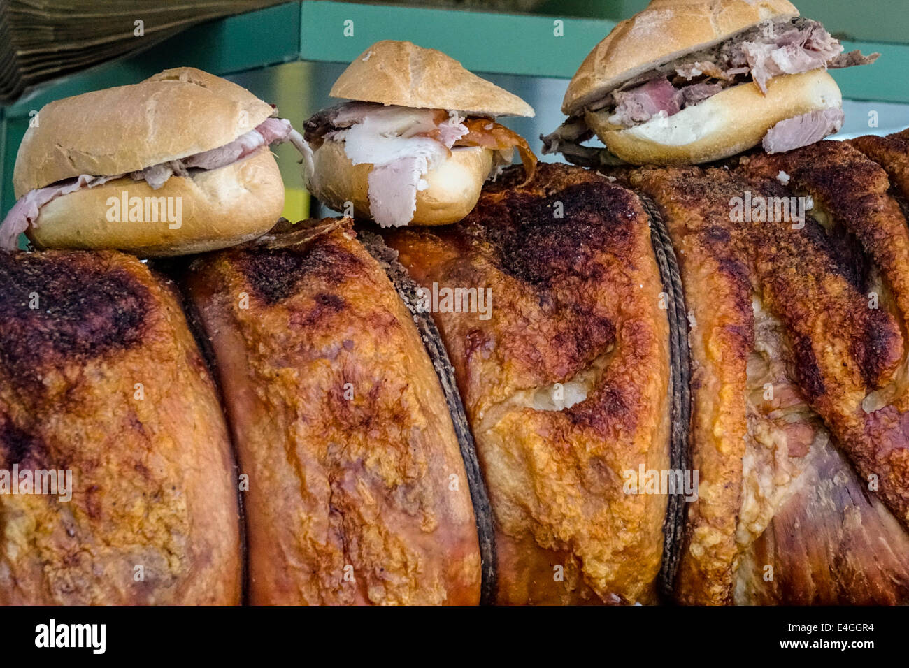 Food stand with the Porchetta pork specialty, weekly market, Siena, Tuscany, Italy, Europe Stock Photo