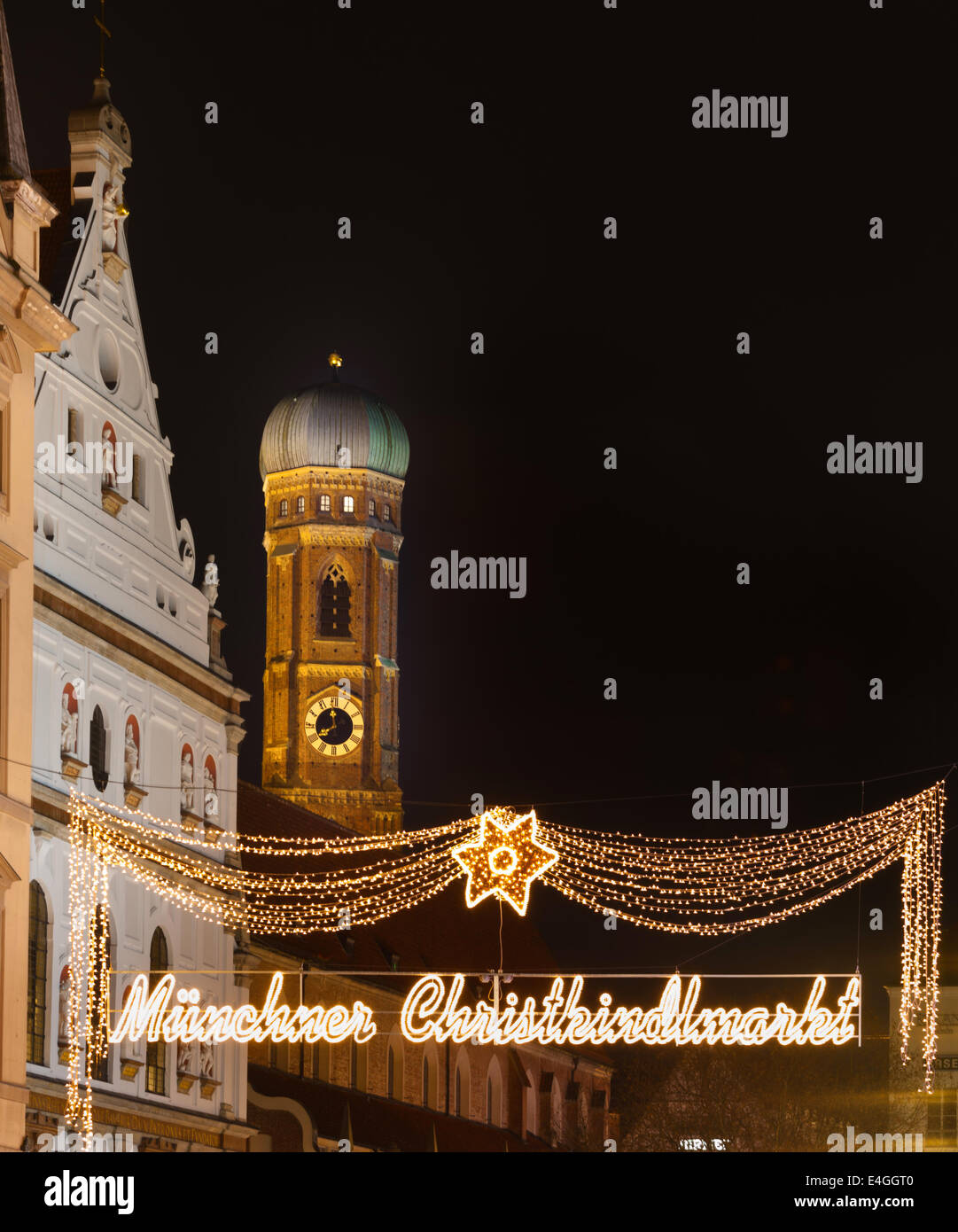 The Munich markets are breathtakingly beautiful with fairy lights lining the streets and illuminated Christmas trees and stars d Stock Photo