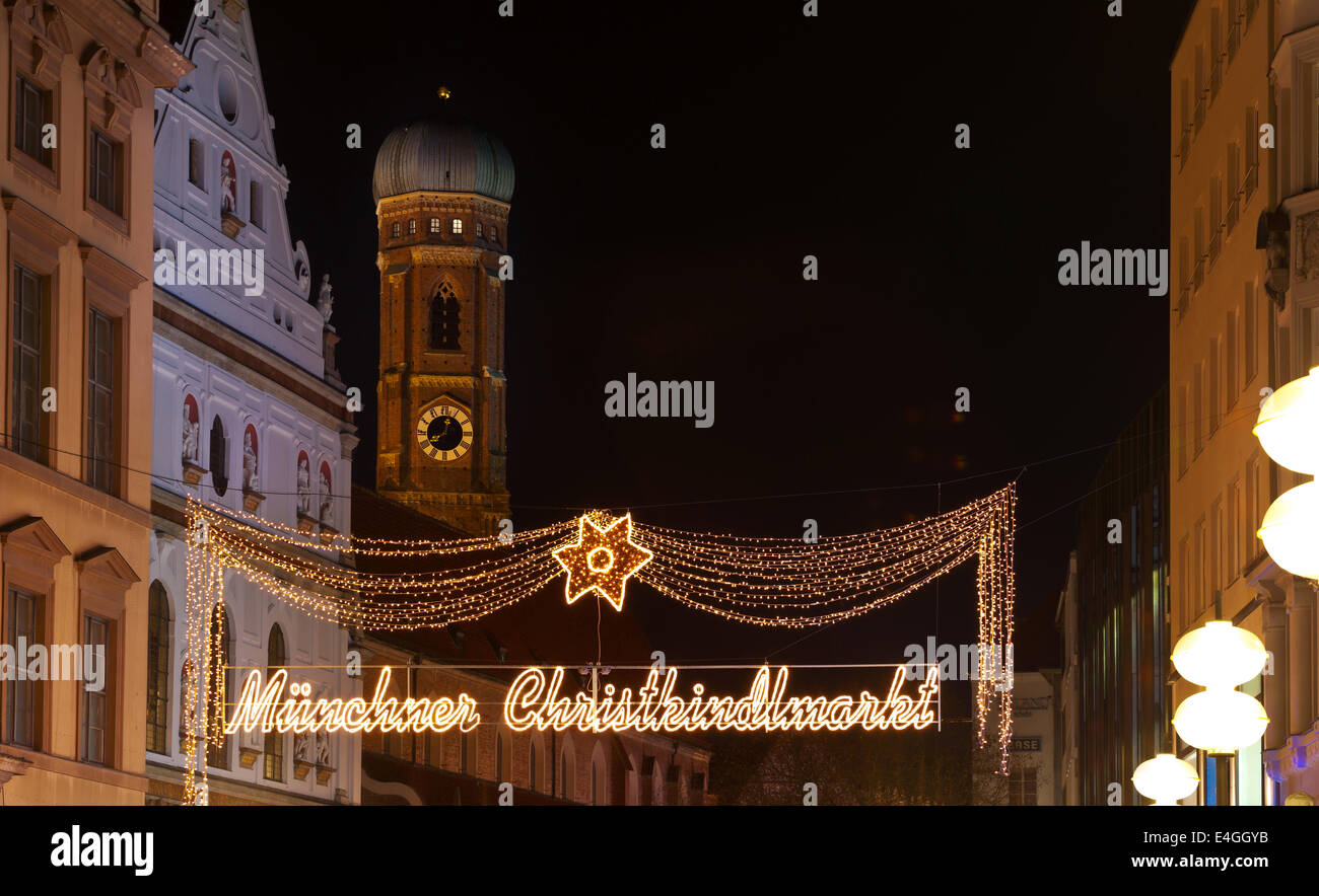 The Munich markets are breathtakingly beautiful with fairy lights lining the streets and illuminated Christmas trees and stars Stock Photo