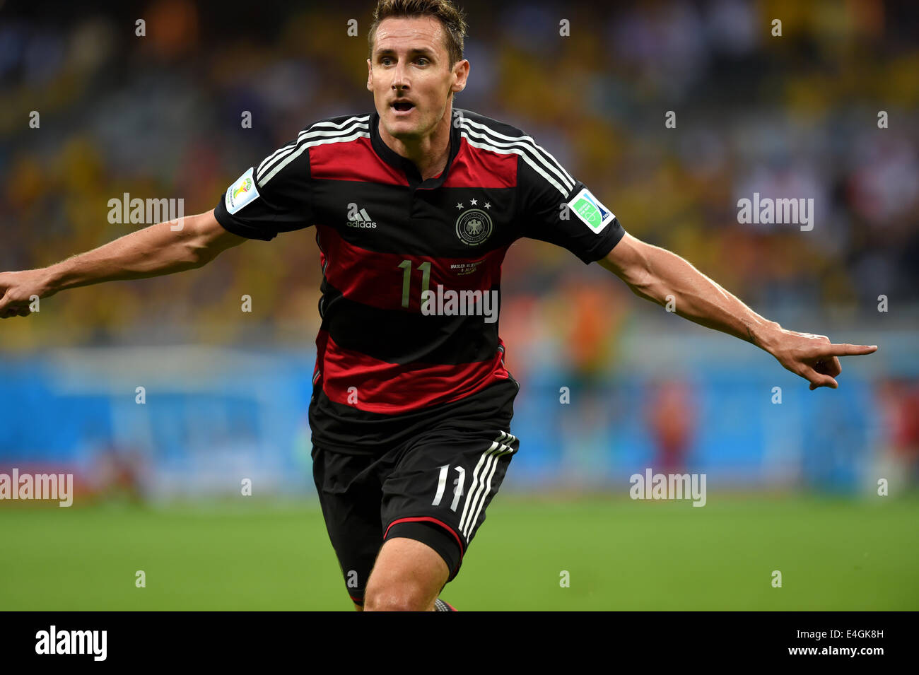 Belo Horizonte, Brazil. 8th July, 2014. Miroslav Klose (GER) Football/Soccer : Miroslav Klose of Germany celebrates after scoring his team's second goal during the FIFA World Cup Brazil 2014 Semi-finals match between Brazil 1-7 Germany at Estadio Mineirao in Belo Horizonte, Brazil . © FAR EAST PRESS/AFLO/Alamy Live News Stock Photo