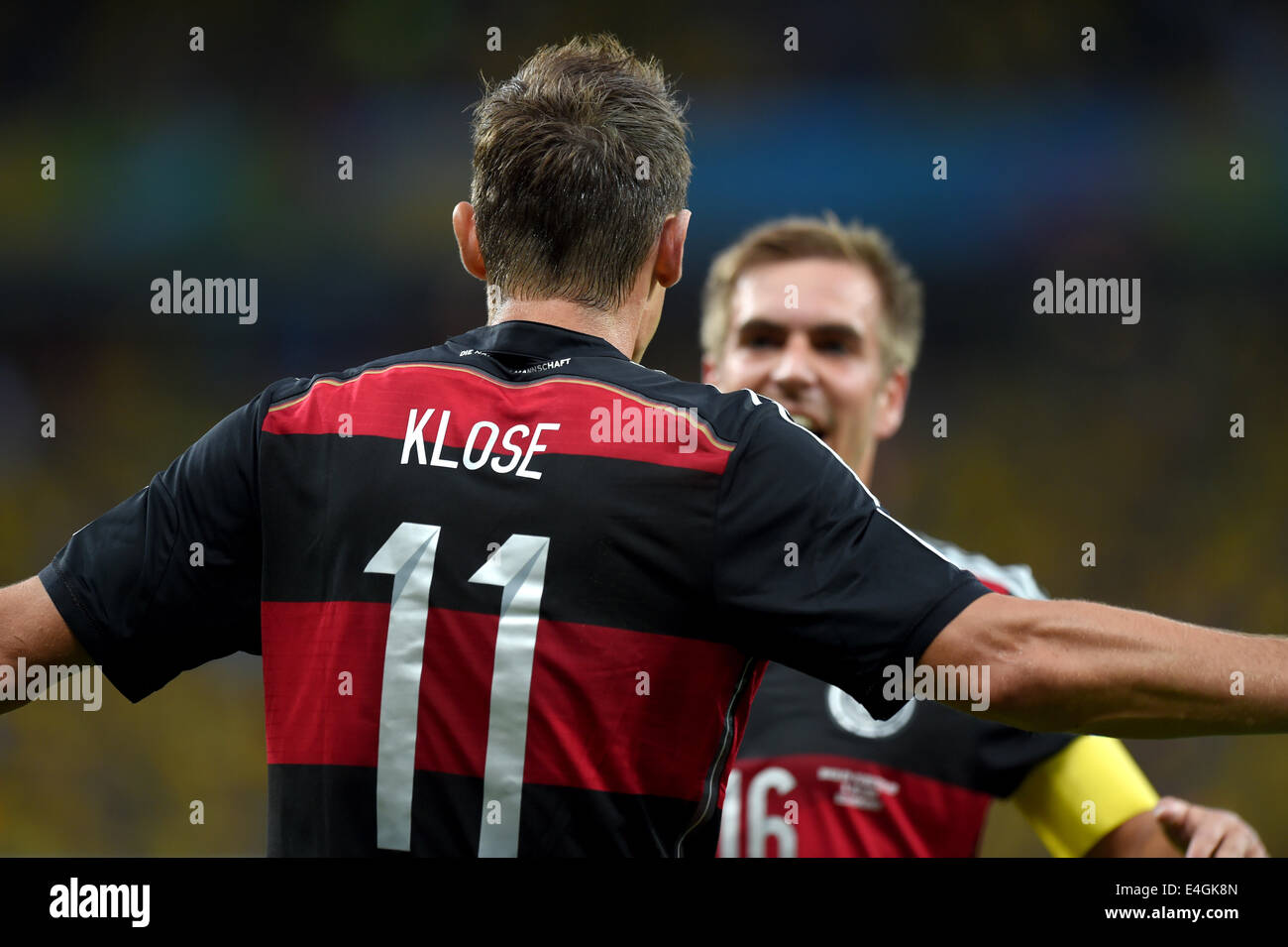 Belo Horizonte, Brazil. 8th July, 2014. Miroslav Klose (GER) Football/Soccer : Miroslav Klose of Germany celebrates with his teammate Philipp Lahm after scoring their second goal during the FIFA World Cup Brazil 2014 Semi-finals match between Brazil 1-7 Germany at Estadio Mineirao in Belo Horizonte, Brazil . © FAR EAST PRESS/AFLO/Alamy Live News Stock Photo