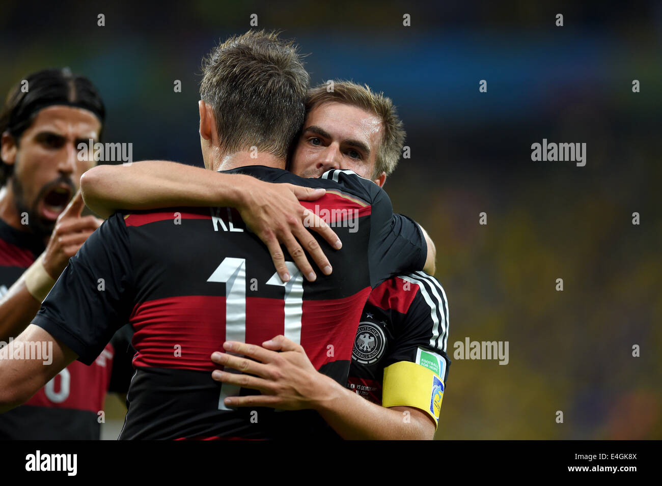 Belo Horizonte, Brazil. 8th July, 2014. (R-L) Philipp Lahm, Miroslav Klose (GER) Football/Soccer : Miroslav Klose of Germany celebrates with his teammates Philipp Lahm and Sami Khedira after scoring their second goal during the FIFA World Cup Brazil 2014 Semi-finals match between Brazil 1-7 Germany at Estadio Mineirao in Belo Horizonte, Brazil . © FAR EAST PRESS/AFLO/Alamy Live News Stock Photo