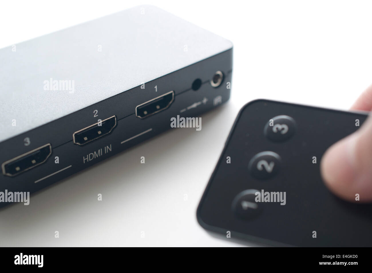 Hand holding remote control for HDMI device Stock Photo