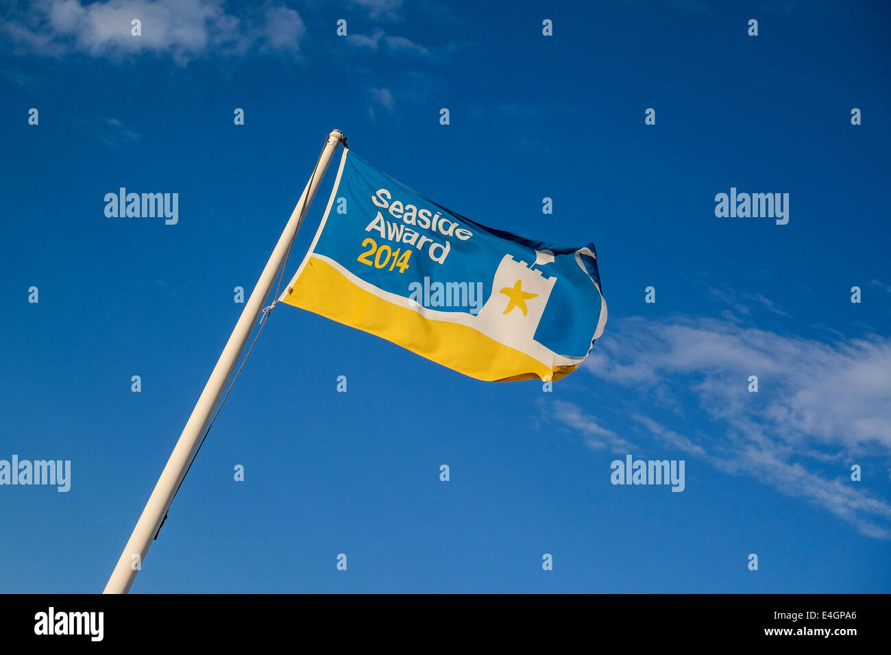 A Seaside Award flag awarded to Jubilee Beach in Southend. Stock Photo