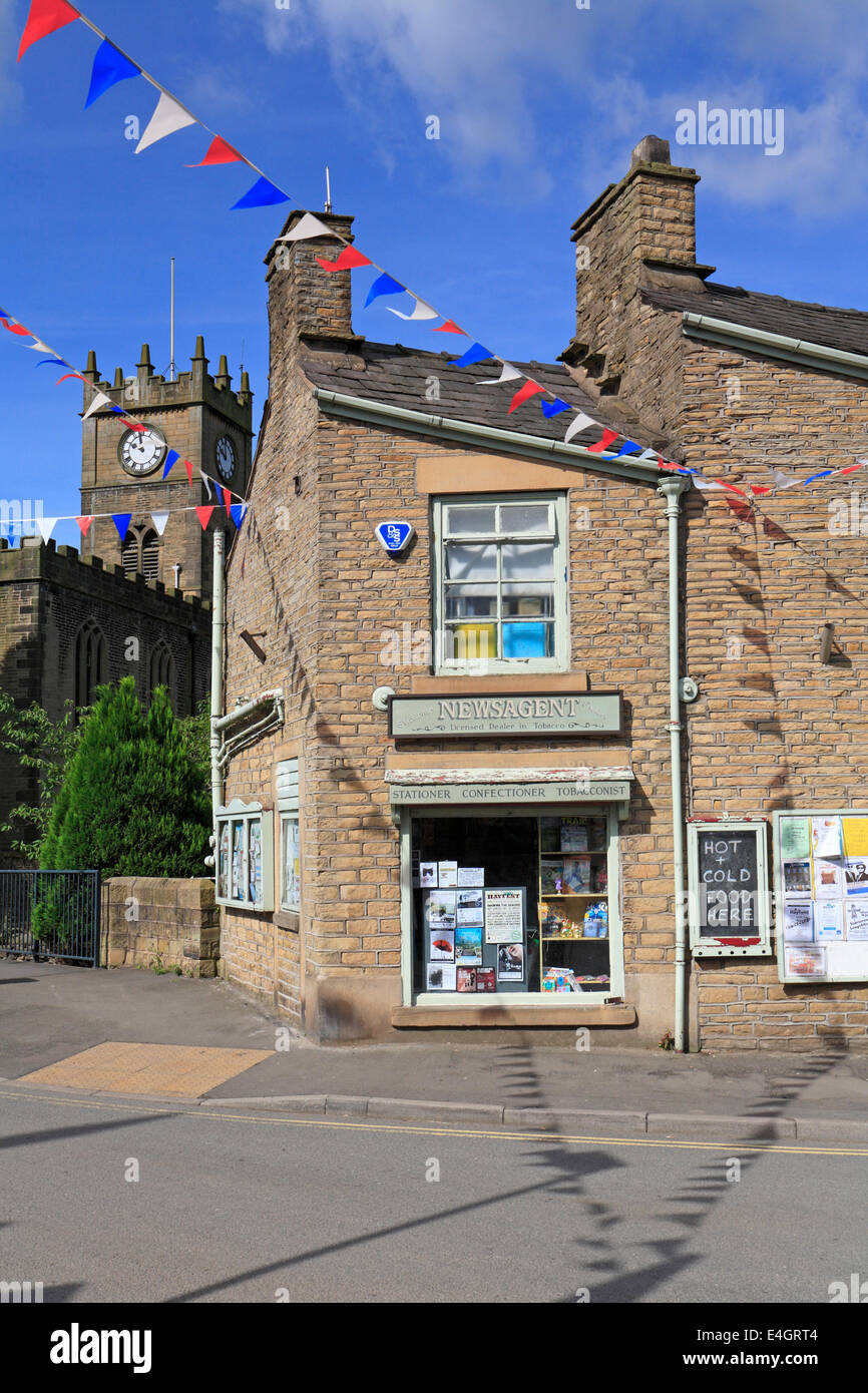 Village store and St Matthew's Church in Hayfield, Derbyshire, England, UK. Stock Photo