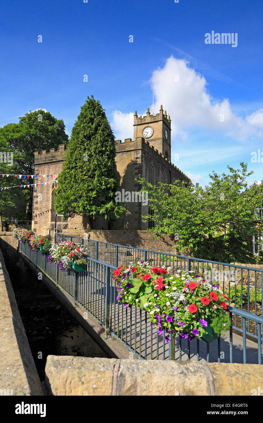 St Matthew's Church and footbridge over the River Sett in Hayfield