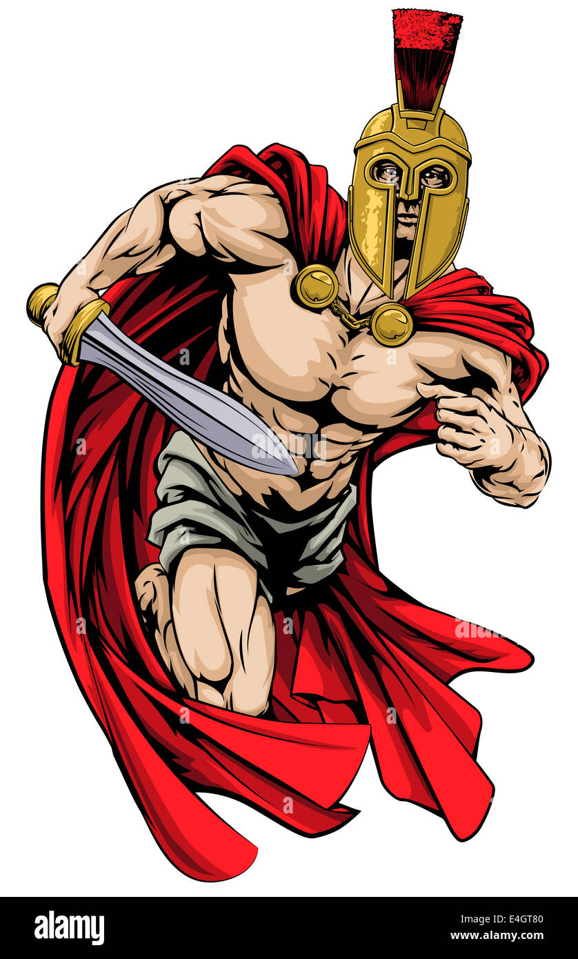 An illustration of a warrior character or sports mascot  in a trojan or Spartan style helmet holding a sword Stock Photo