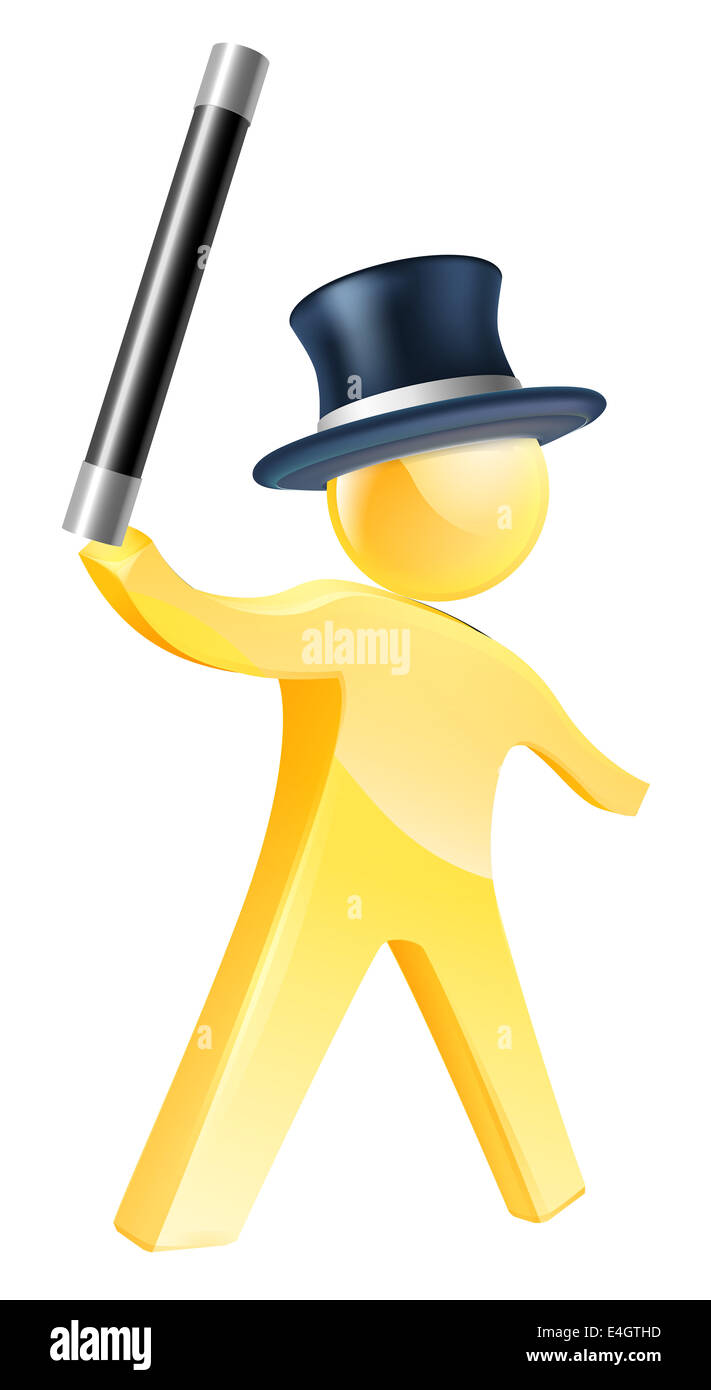 Magician gold person illustration of mascot figure waving a wand and wearing a top hat Stock Photo