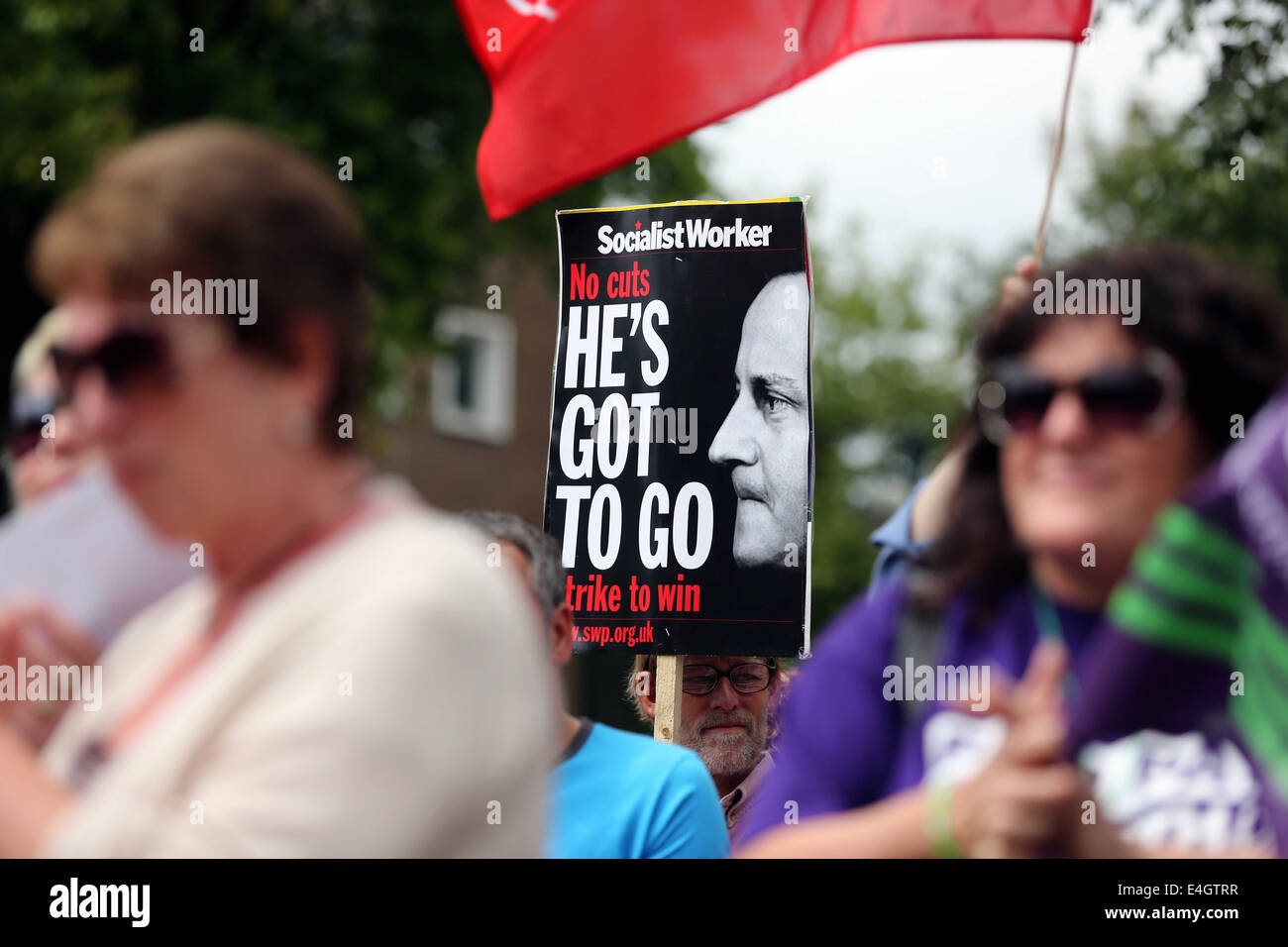 Swansea, UK. 10th July, 2014. Pictured: at Castle Square Gardens, Swansea, south Wales. Re: Strikes are taking place across the UK in a series of disputes with the government over pay, pensions and cuts, with more than a million public sector workers expected to join the action. Firefighters, librarians and council staff are among those taking part from several trade unions, with rallies taking place across the UK. Credit: D Legakis/Alamy Live News Stock Photo