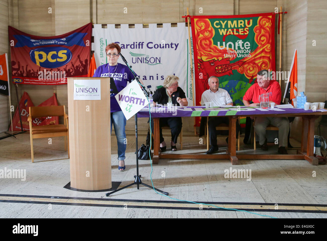 Cardiff, Wales, UK. 10th July, 2014. Public Sector Strike one day strike 10th July 2014. Speakers at the Temple of Peace, Cardiff Credit:  D Legakis/Alamy Live News Stock Photo