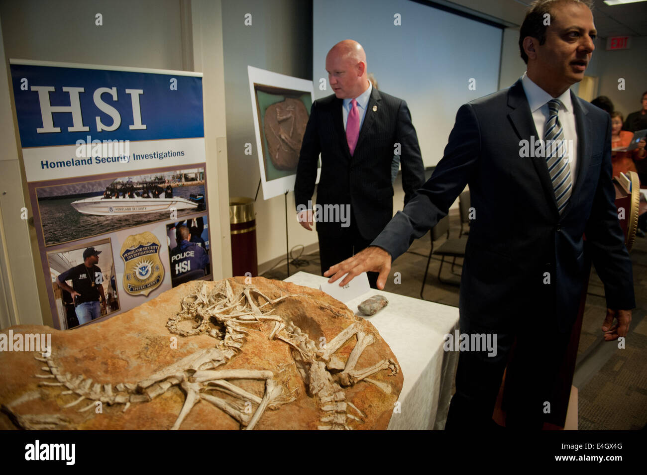July 10, 2014 - Manhattan, New York, U.S. - U.S. Attorney PREET BHARARA announces the return of over 18 dinosaur skeletons to the Mongolian government, Thursday, July 10, 2014. (Credit Image: © Bryan Smith/ZUMA Wire) Stock Photo