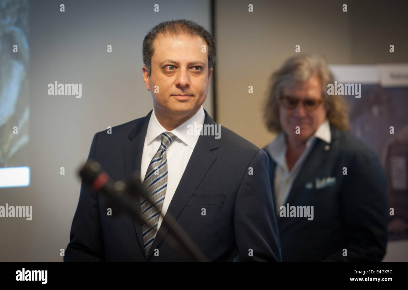 July 10, 2014 - Manhattan, New York, U.S. - U.S. Attorney PREET BHARARA announces the return of over 18 dinosaur skeletons to the Mongolian government, Thursday, July 10, 2014. (Credit Image: © Bryan Smith/ZUMA Wire) Stock Photo