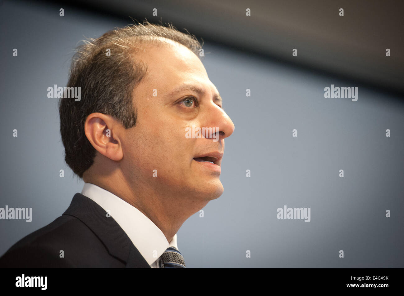 July 10, 2014 - Manhattan, New York, U.S. - U.S. Attorney PREET BHARARA announces the return of over 18 dinosaur skeletons to the Mongolian government, Thursday, July 10, 2014. (Credit Image: © Bryan Smith/ZUMA Wire) Stock Photo