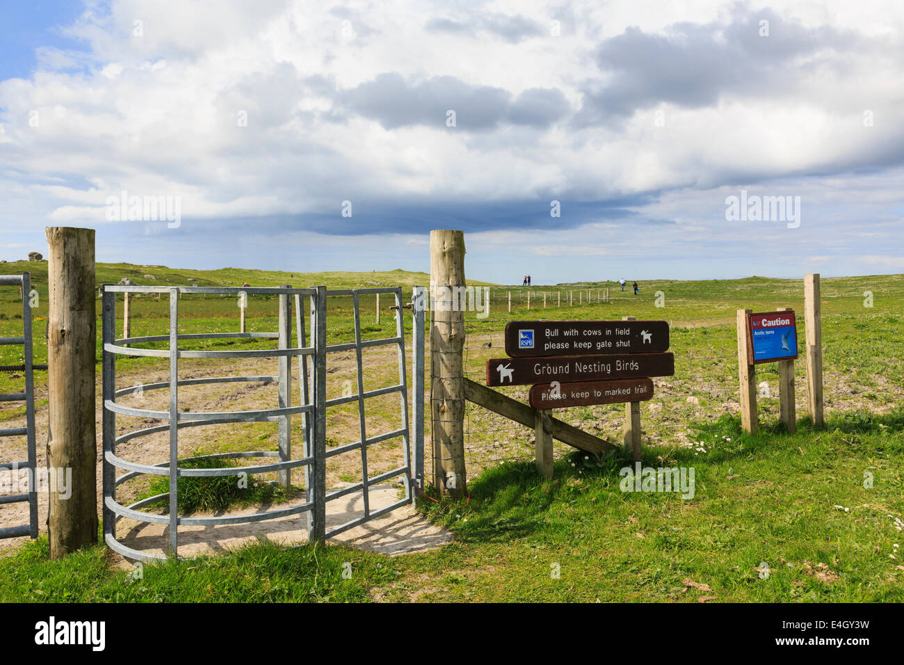 Metal gate access on visitor trail path to Aird an Runair peninsula in Balranald RSPB Nature Reserve North Uist Outer Hebrides Scotland UK Stock Photo