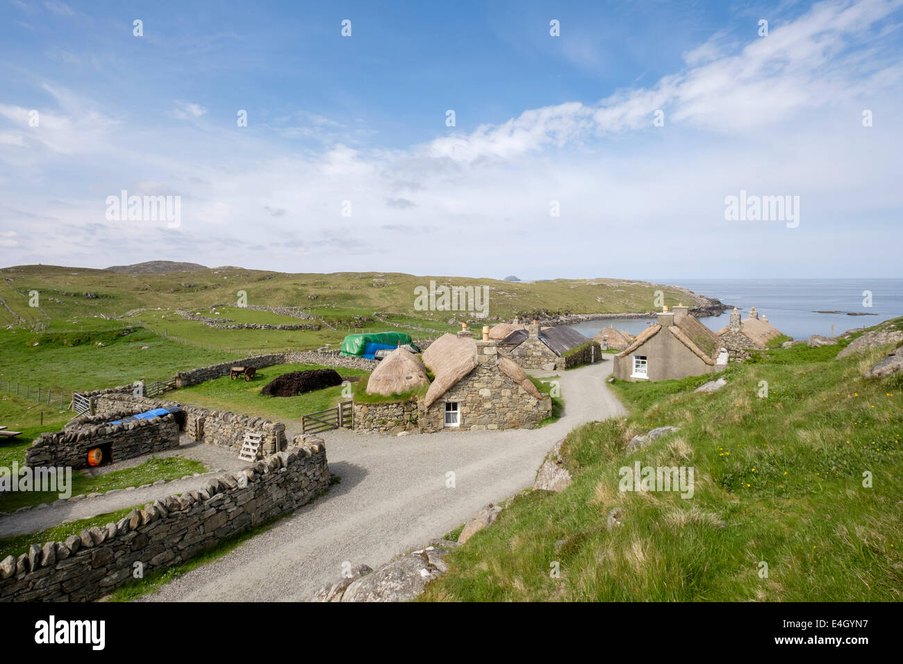 Restored crofts in Na Gearrannan Blackhouse Village on west coast. Garenin Isle of Lewis Outer Hebrides Western Isles Scotland Stock Photo