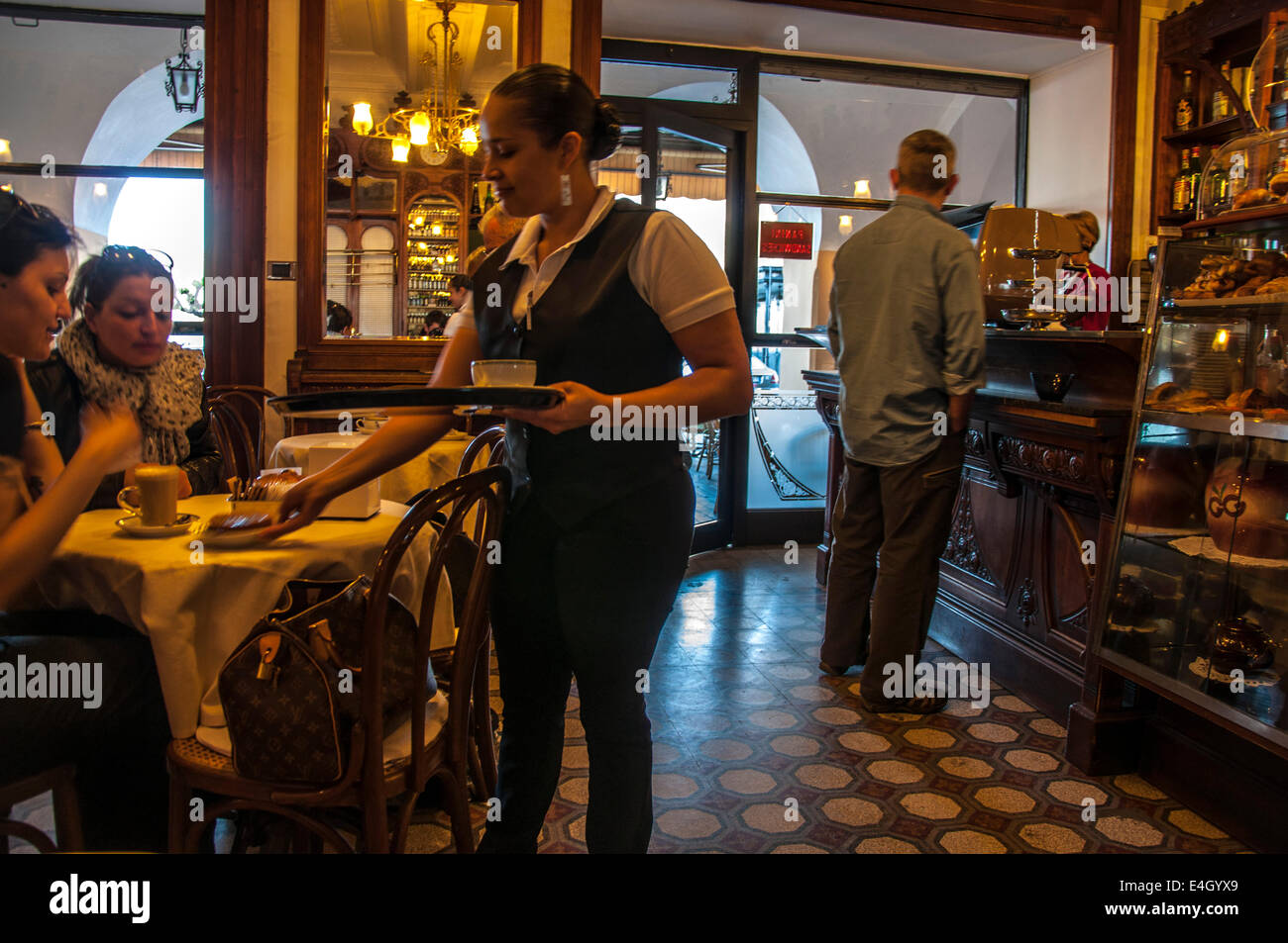 Bellagio town on Lake Como Italy. Early morning coffee shop cafe Stock