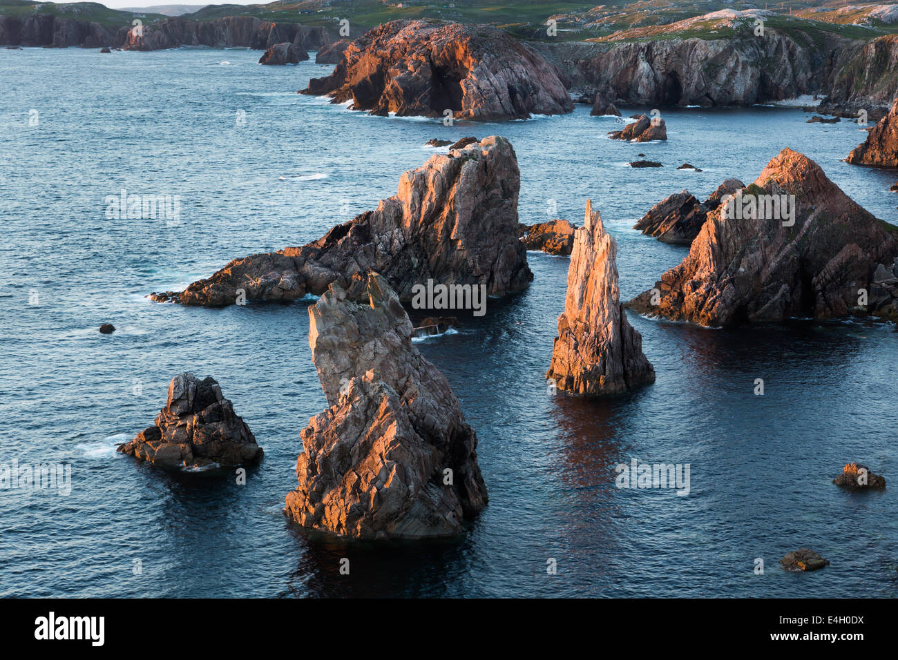 Mangersta or Mangurstadh beach and sea stacks on the Isle of Lewis and Harris, Outer Hebrides, Scotland in soft evening light Stock Photo