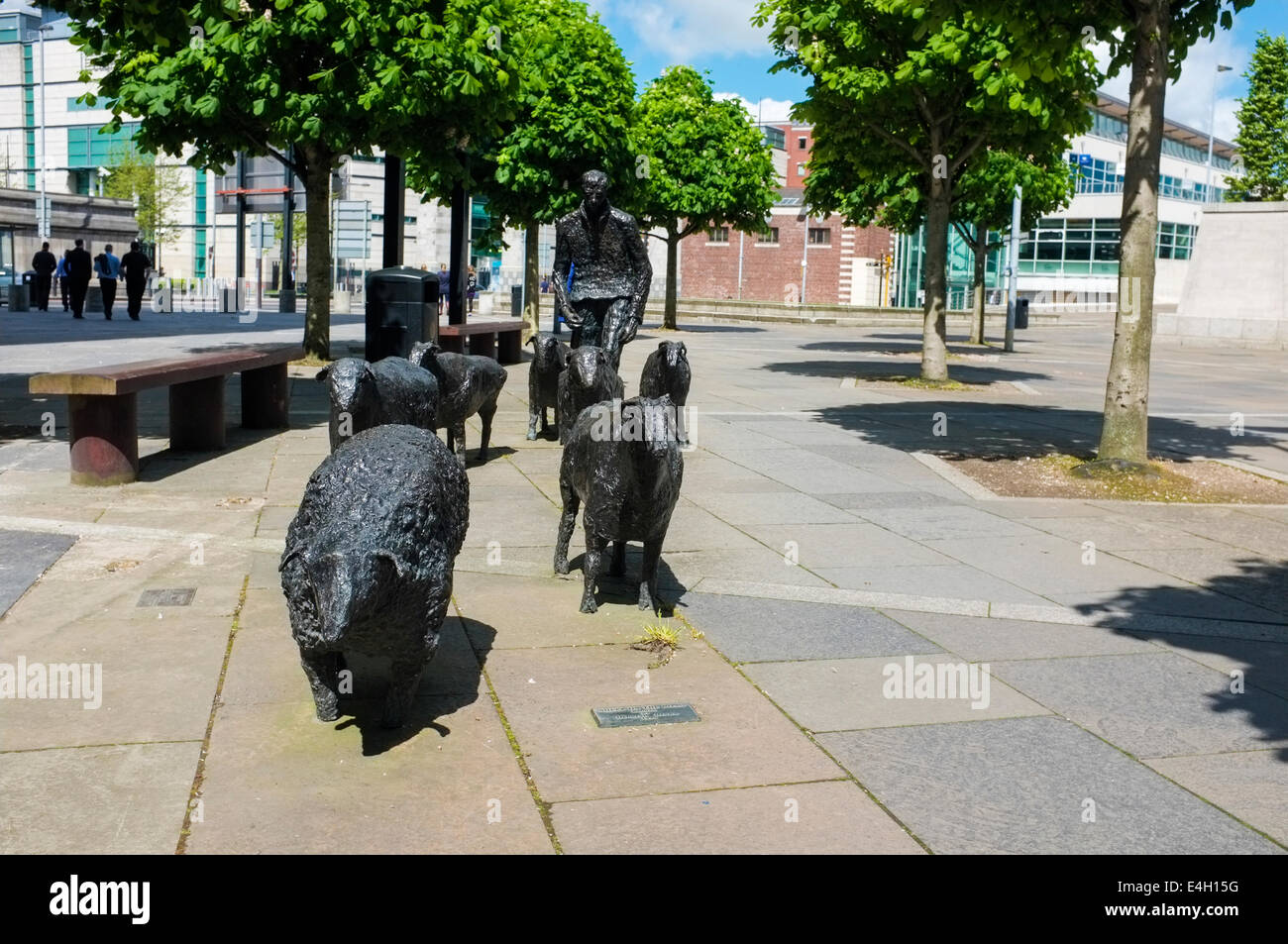 Sheep on the Road by Deborah Brown. Sculpture by Deborah Brown at Lanyon Place, Belfast near the Waterfront Hall Stock Photo