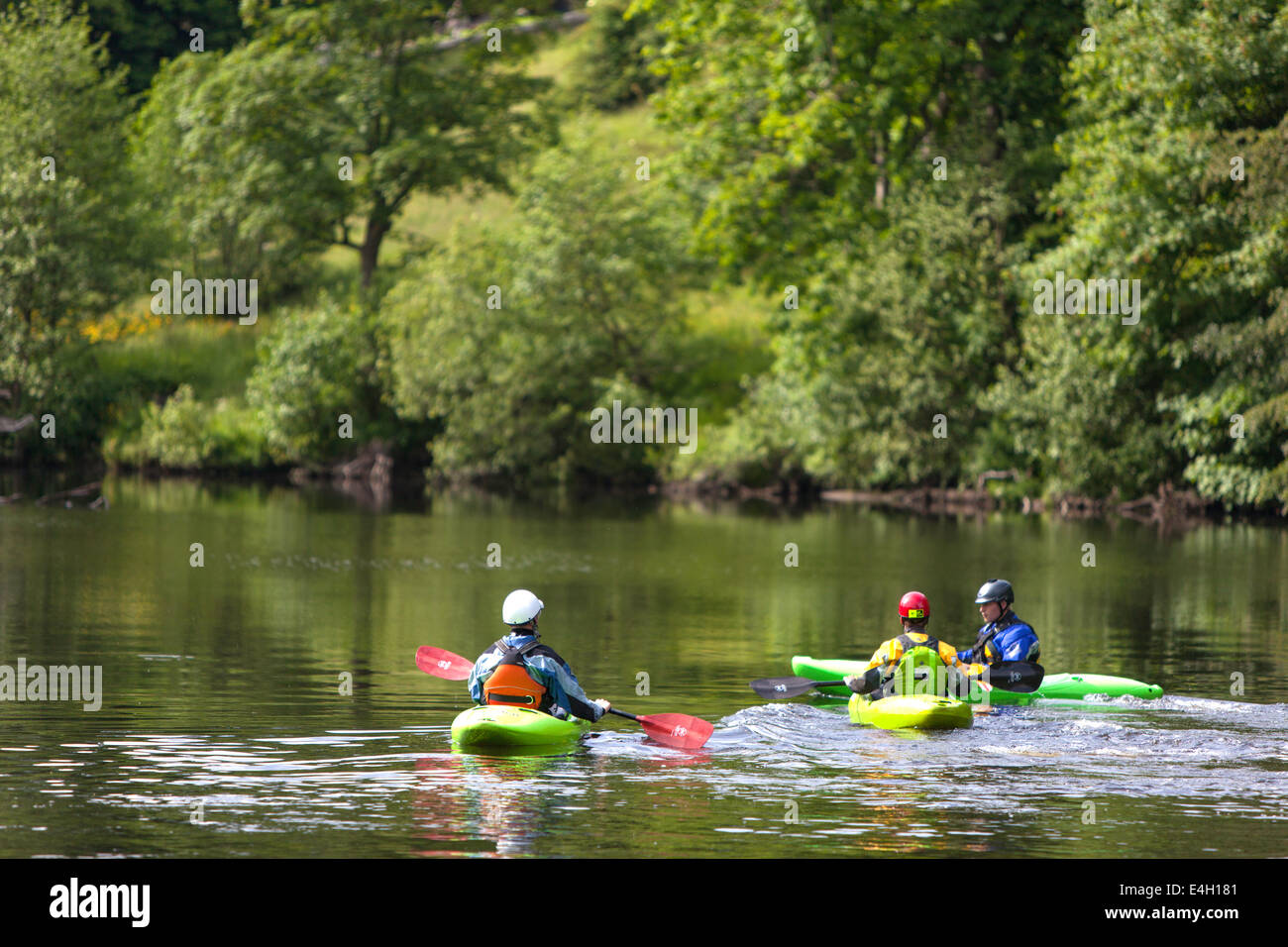 Kayaking on the River Dee near Horseshoe Falls, Llangollen, North Wales