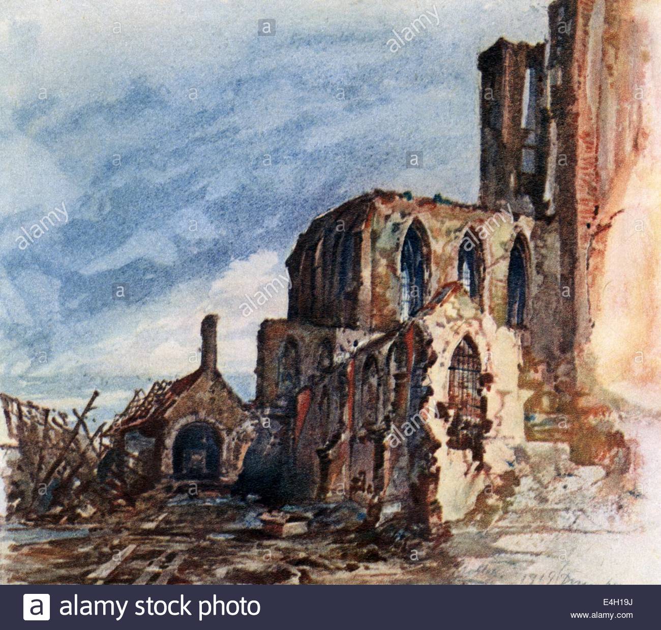 First World War / WWI, Western front, Belgium, ruined abbey in Mesen ...