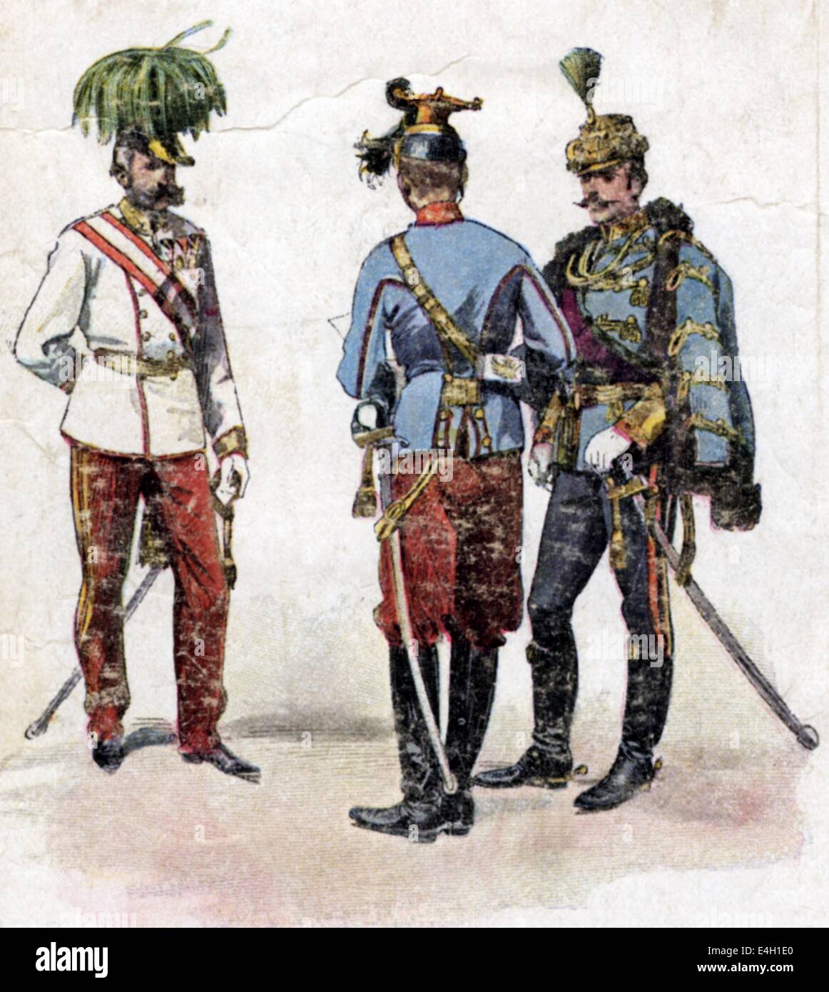 military, Austria-Hungary, uniforms, late 19th century, general in German gala uniform, Uhlan officer, general in Hungarian dress uniform, colour print, Austria Hungary, Austrian, Hungarian, officers, officer, Uhlan, Uhlans, hussar, hussars, parades, military parade, helmets, helmet, sabre, sabres, historic, historical, people, Additional-Rights-Clearences-Not Available Stock Photo