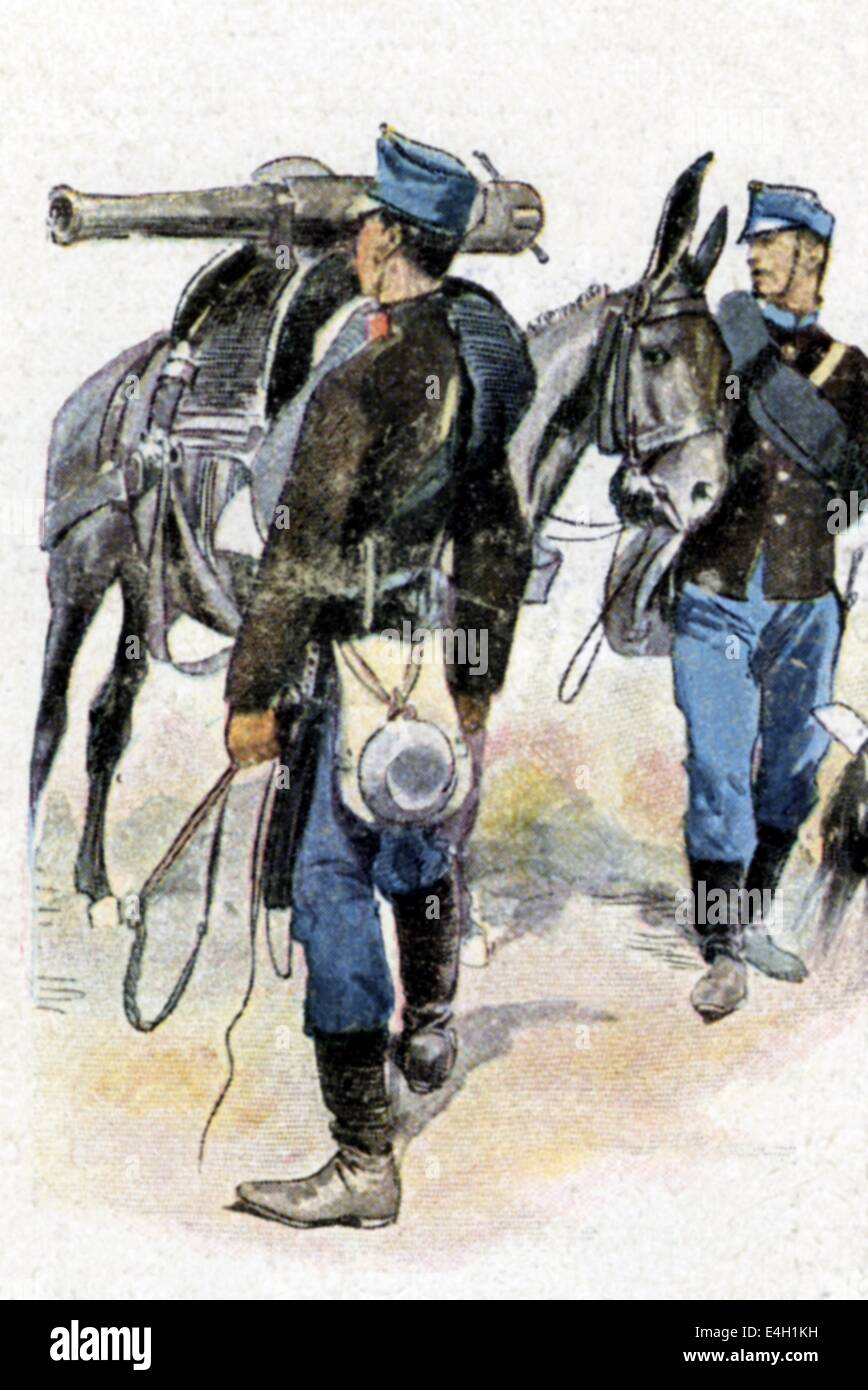 military, Austria-Hungary, uniforms, late 19th century, mountain artilleryman and mountain train soldier, colour print, mountain troops, gunner, gunners, artillery, baggage train soldier, baggage train, mountain gun, cannon, cannons, gun barrel, gun, guns, hinny, hinnies, mule, mules, pack animal, pack animals, uniform, uniforms, soldier, soldiers, army, armies, Austria Hungary, Austrian, historic, historical, people, Additional-Rights-Clearences-Not Available Stock Photo