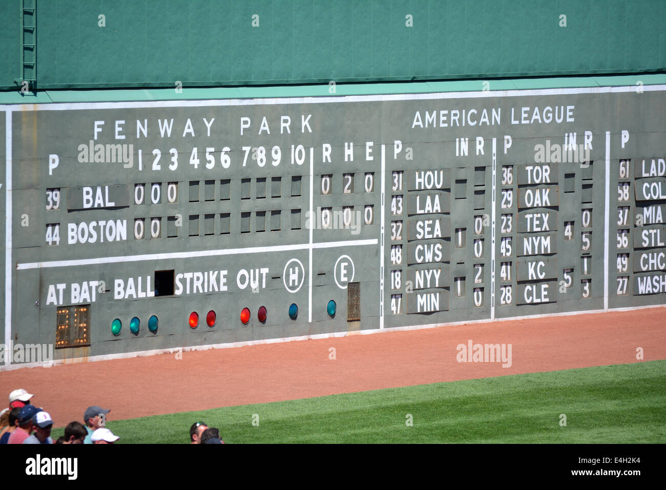 View of the Green Monster during a Major League Baseball game at Fenway Park in Boston. Stock Photo