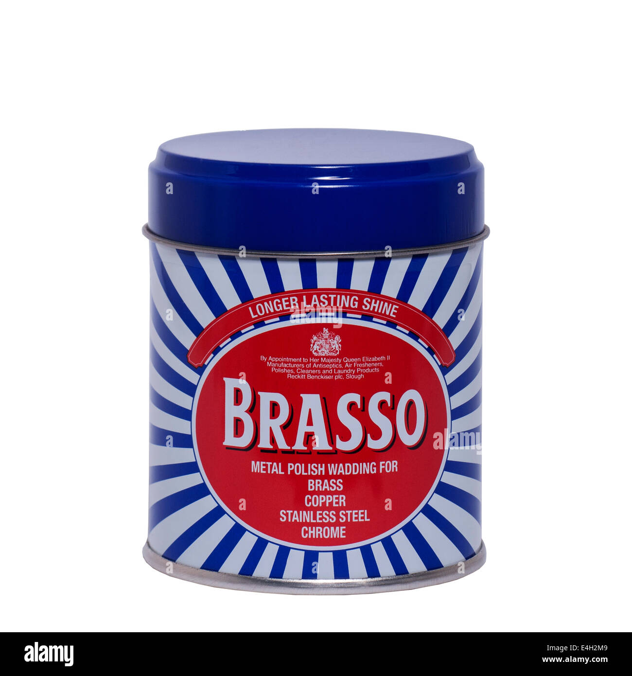 A tin of Brasso metal polish wadding for brass , copper , stainless steel and chrome on a white background Stock Photo