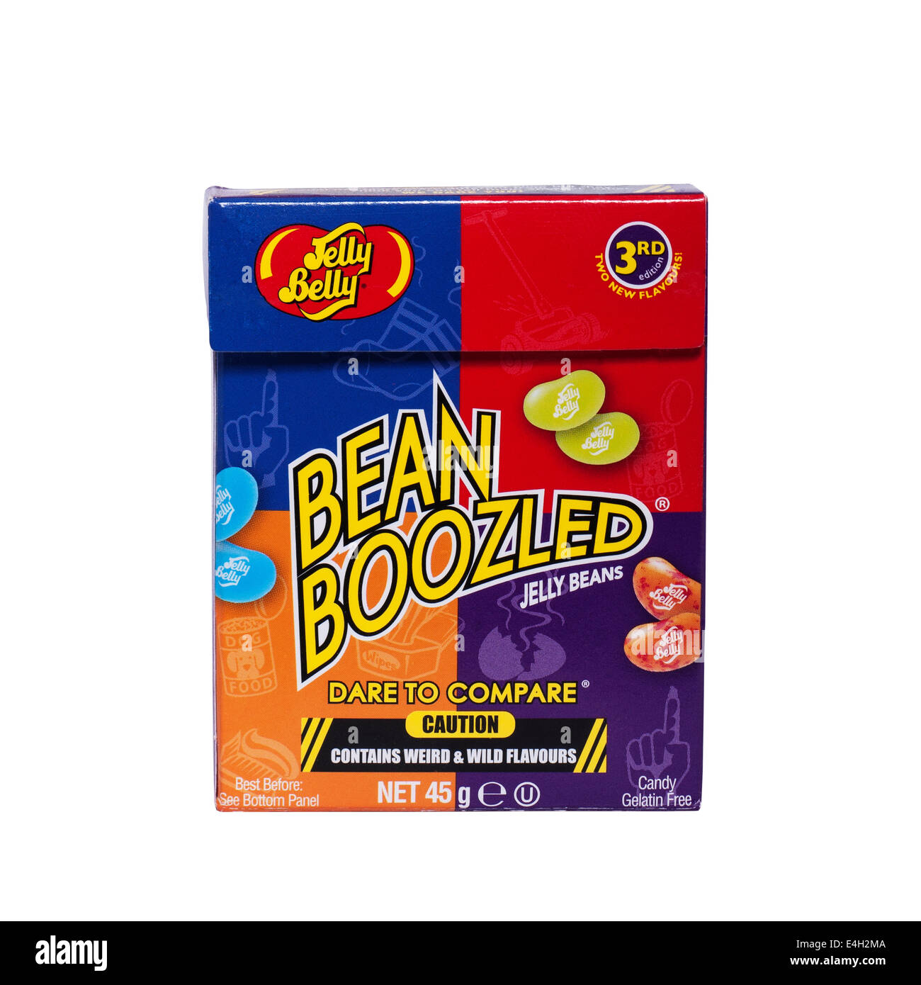 A packet of Jelly Belly Bean Boozled jelly beans with wierd and wild flavours on a white background Stock Photo