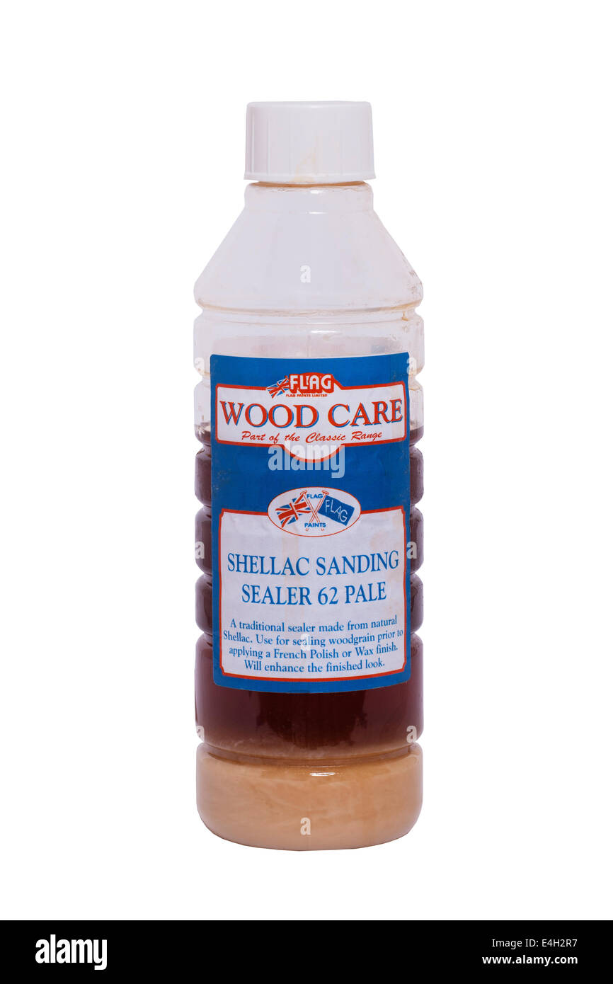 A bottle of FLAG wood care shellac sanding sealer for sealing wood before waxing or varnishing on a white background Stock Photo